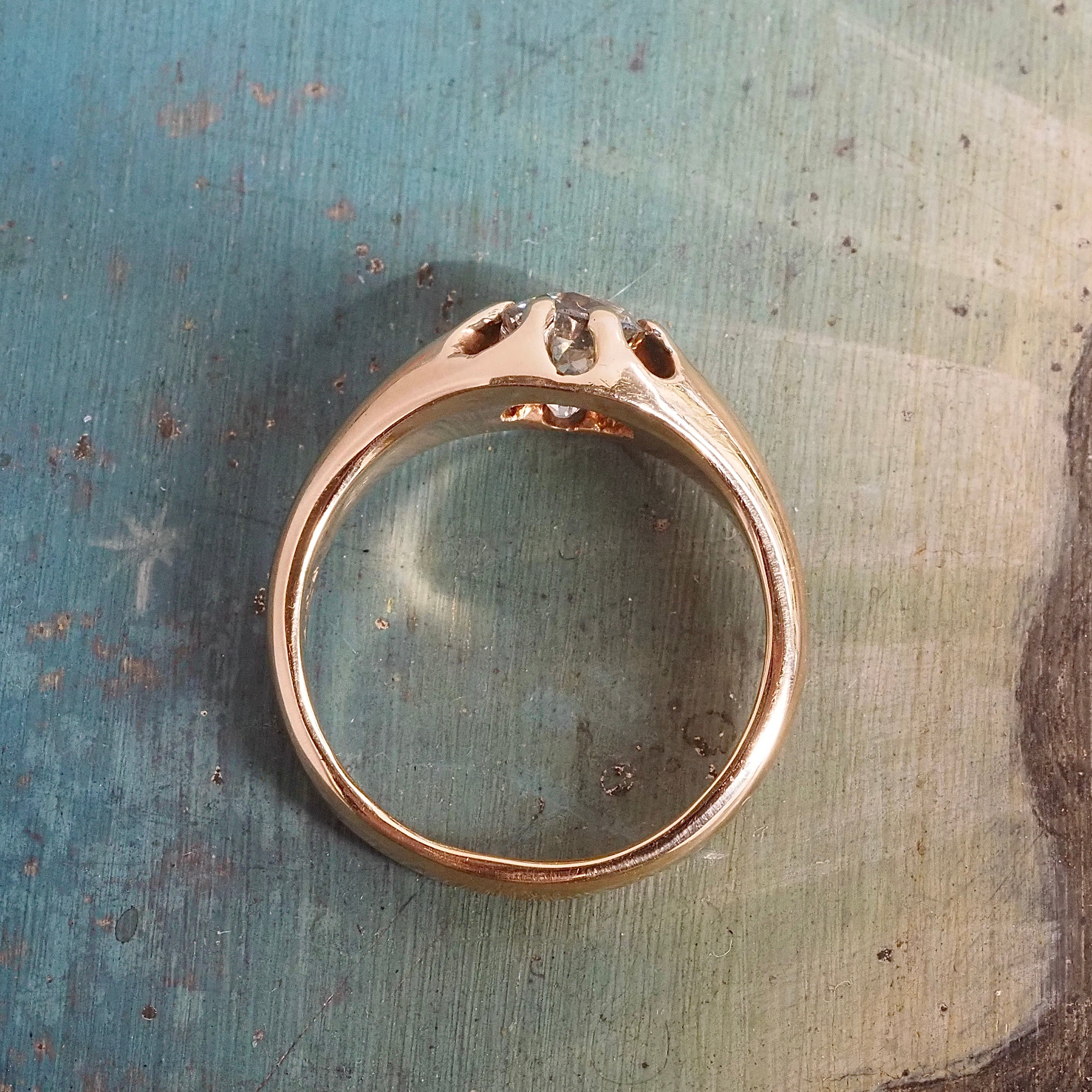 Antique Old Mine Cut Diamond Belcher Set 14k Gold Engagement Ring