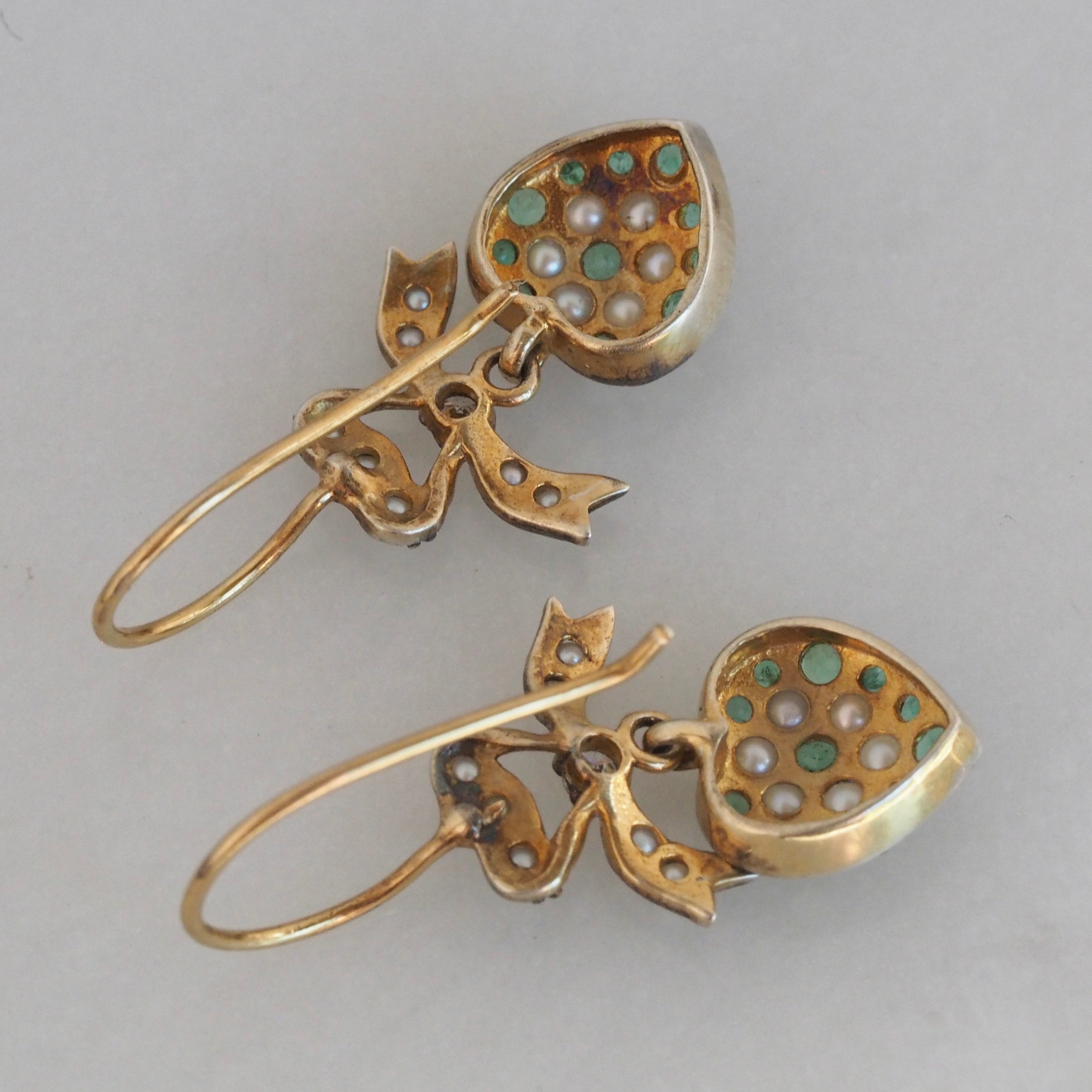 Vintage English 14k Gold Emerald Diamond and Pearl Heart Ribbon Earrings