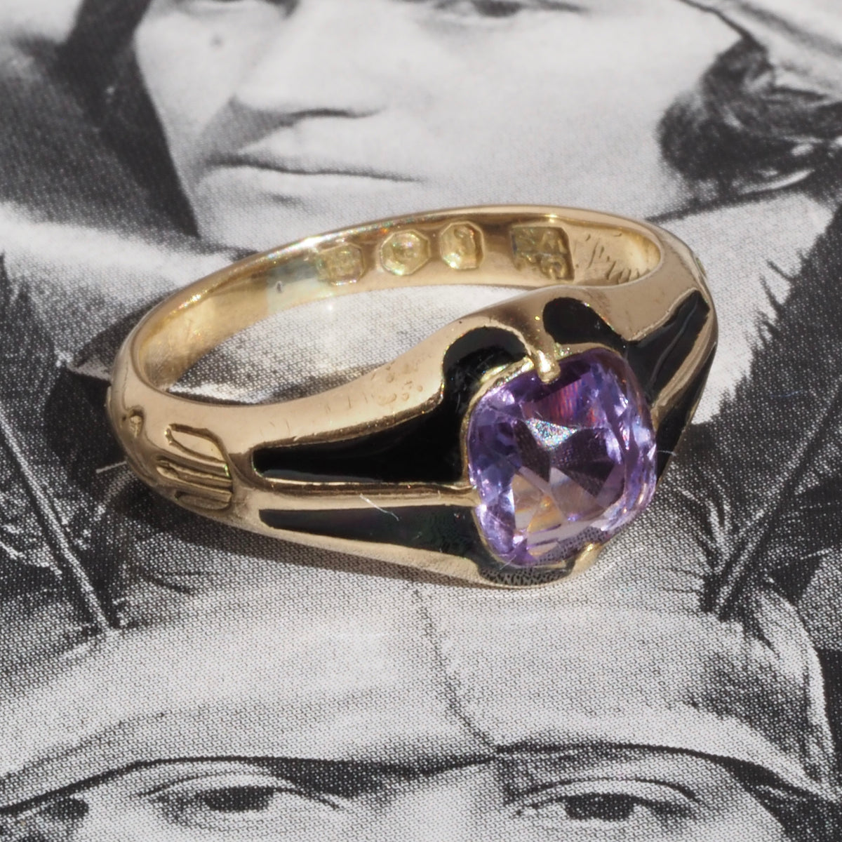 Antique c. 1844-45 Victorian English Amethyst and Black Enamel 14k Gold Ring