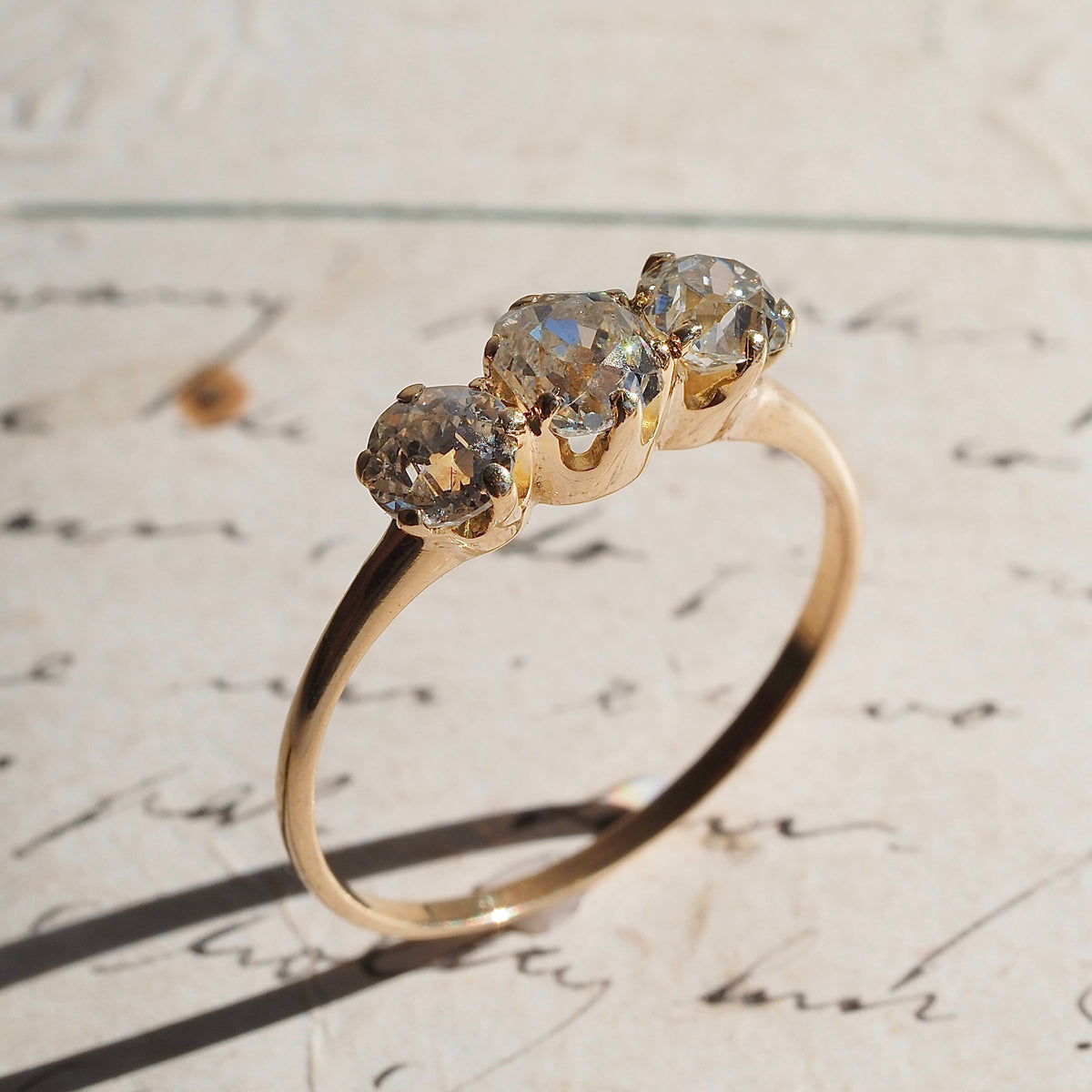 Antique Trilogy Old Mine Cut Diamond 14k Gold Engagement Ring