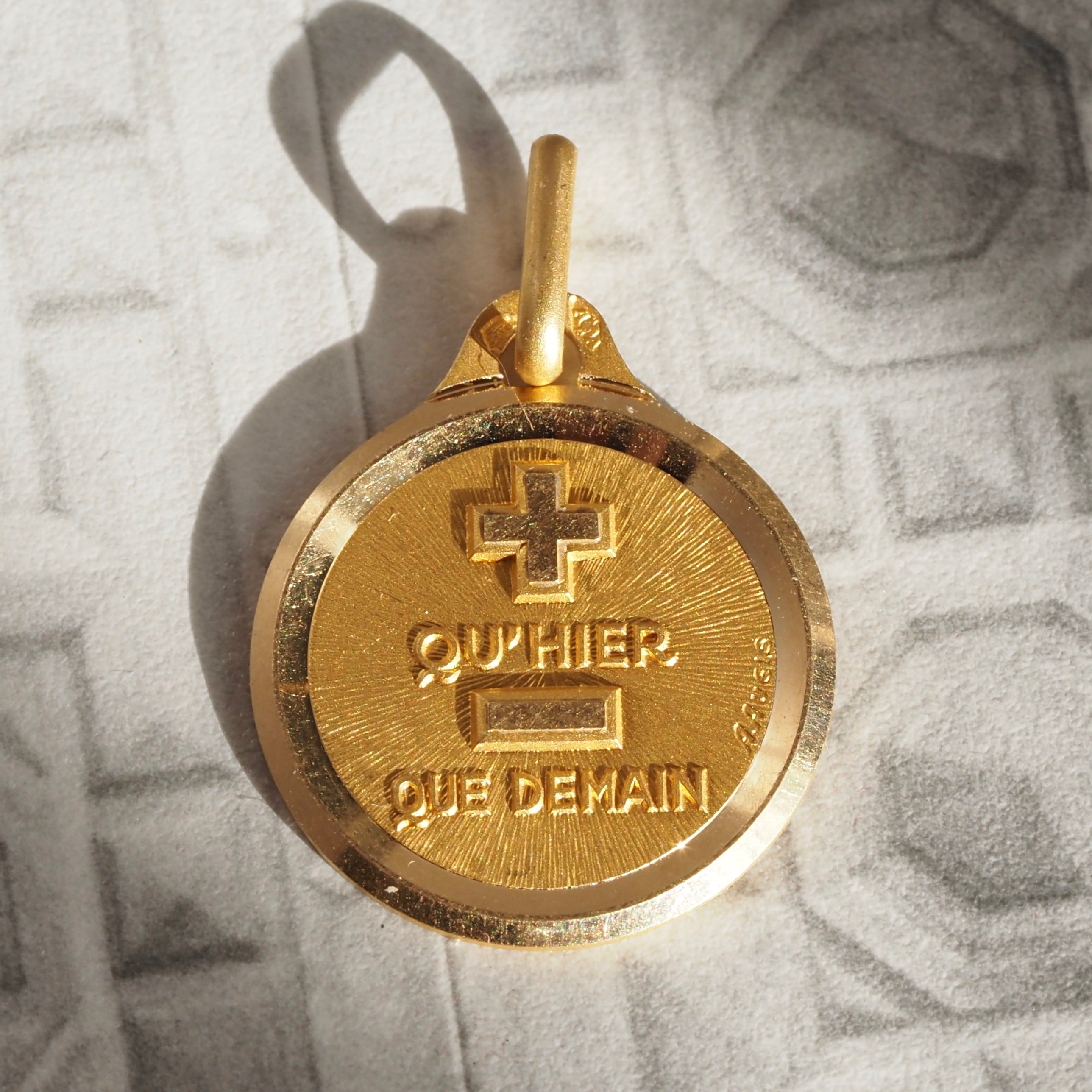 Vintage French 18k Gold Augis "More Today Than Yesterday, Less Than Tomorrow" Pendant