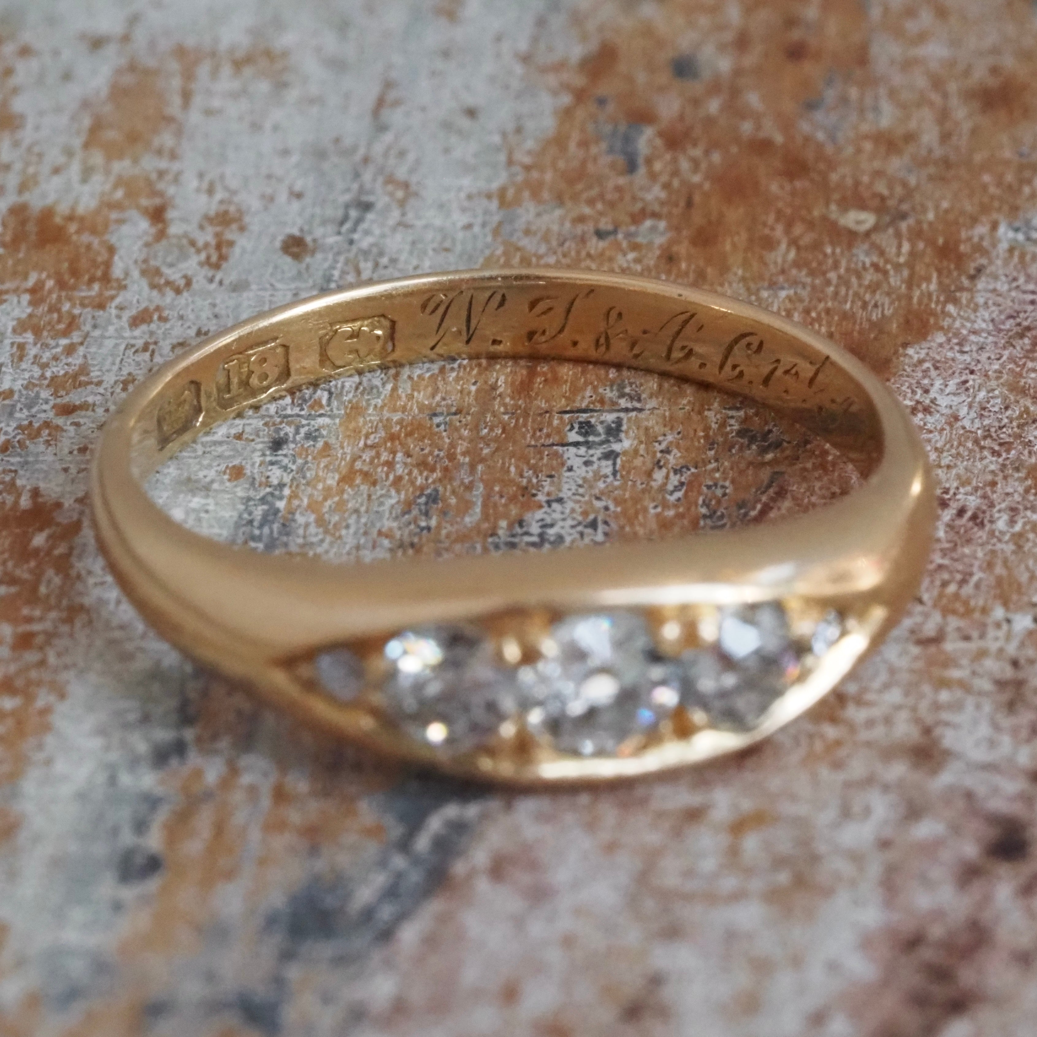 Antique English c. 1902 Old Mine Cut Diamond Five Stone 18k Gold Boat Engagement Ring