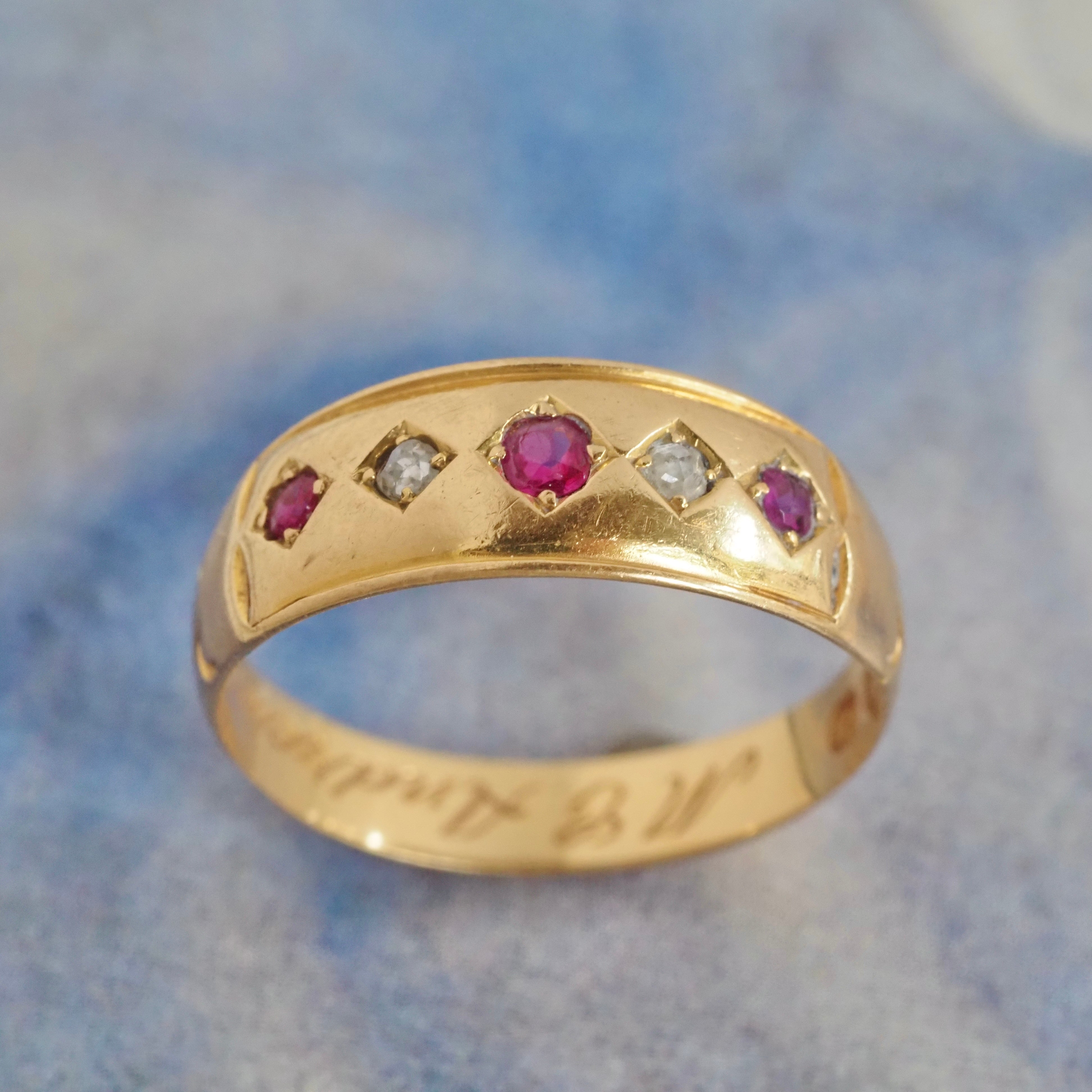 Antique English 18k Gold Natural Ruby and Rose Cut Diamond Flush Set Ring