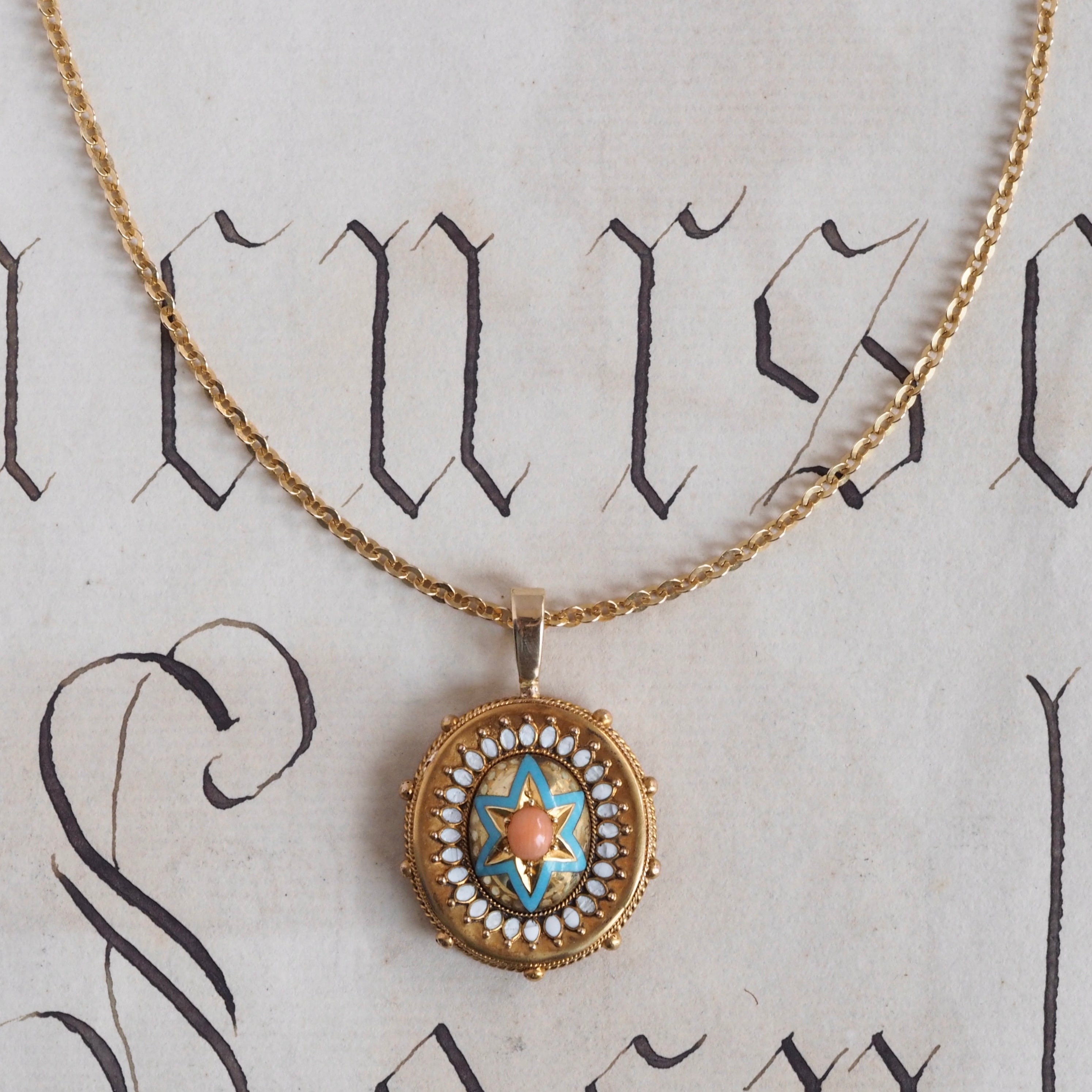 Antique Victorian 14k Gold Enamel and Coral Starburst Pendant