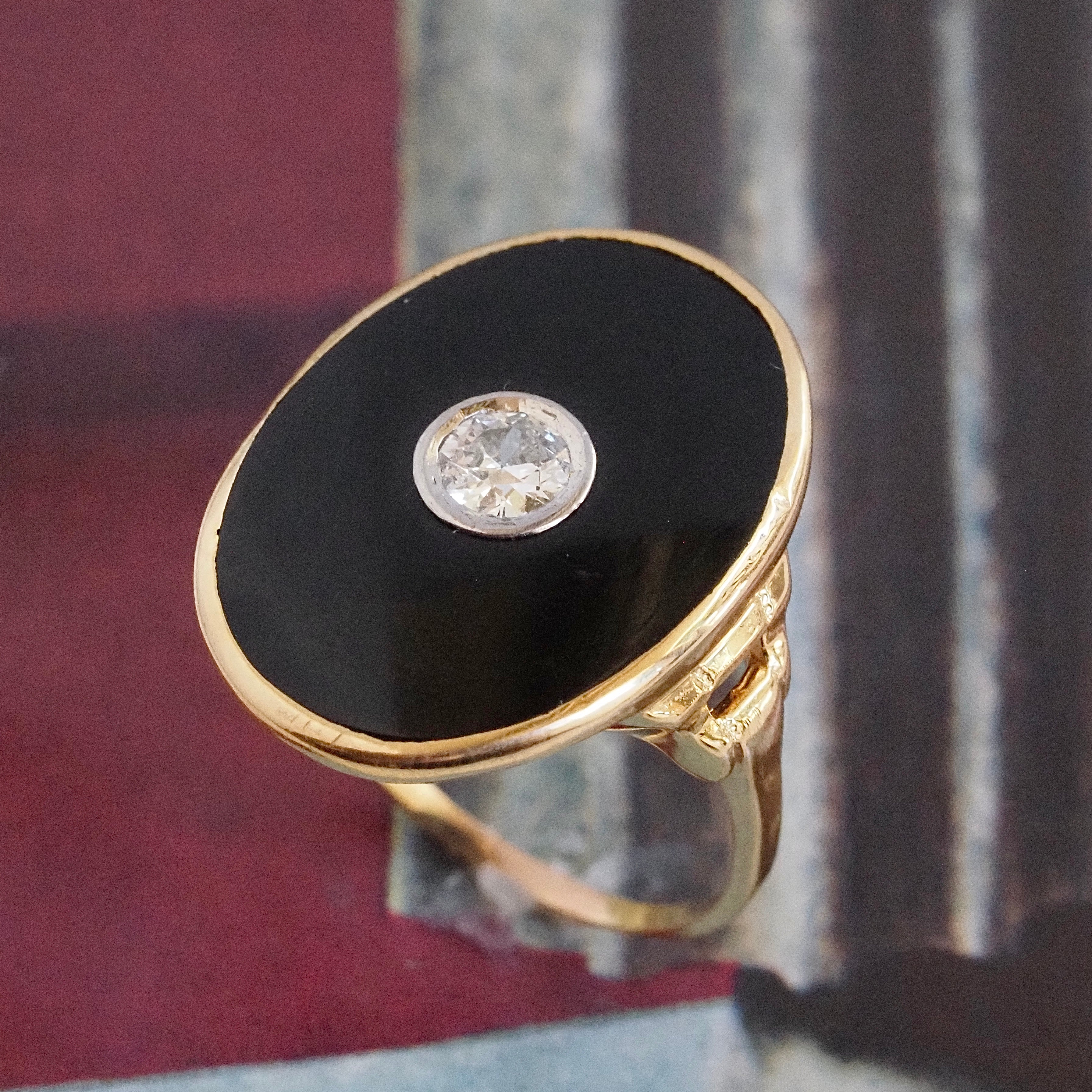 Antique Art Deco Old European Cut Diamond Onyx 14k Gold Ring