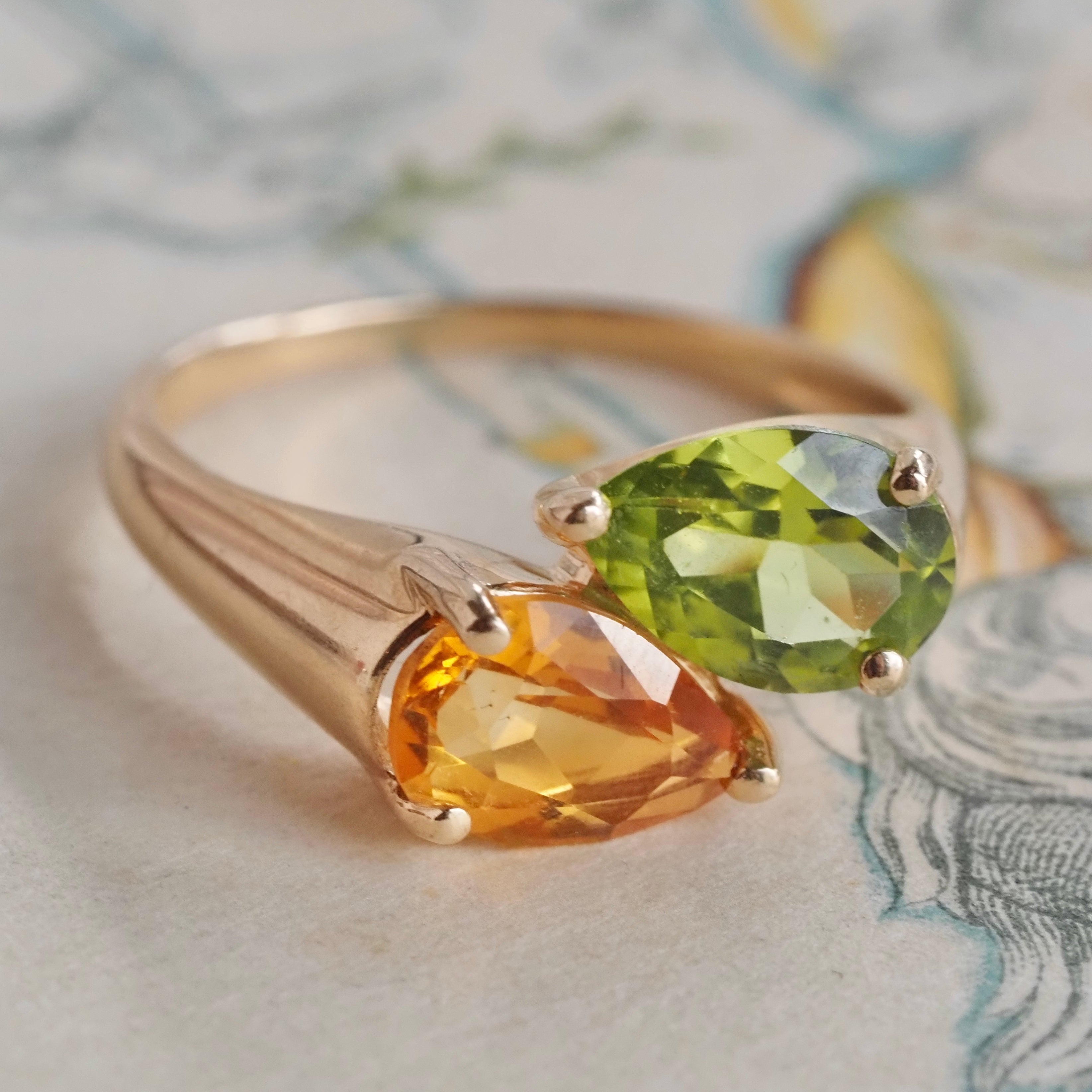 Vintage Pear Shaped Peridot and Citrine 14k Gold Ring