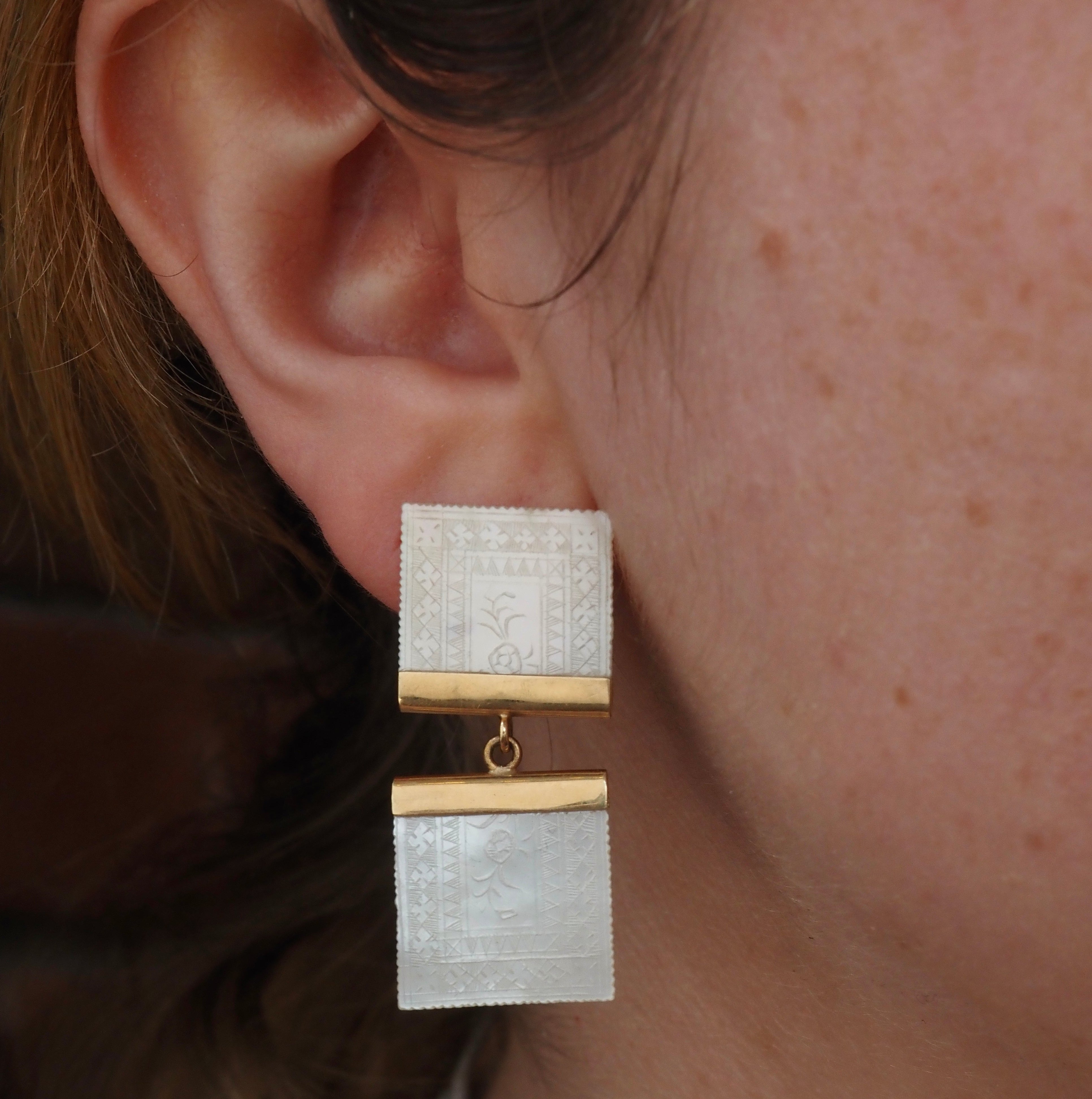 Antique Chinese Mother of Pearl Gambling Chip 14k Gold Earrings