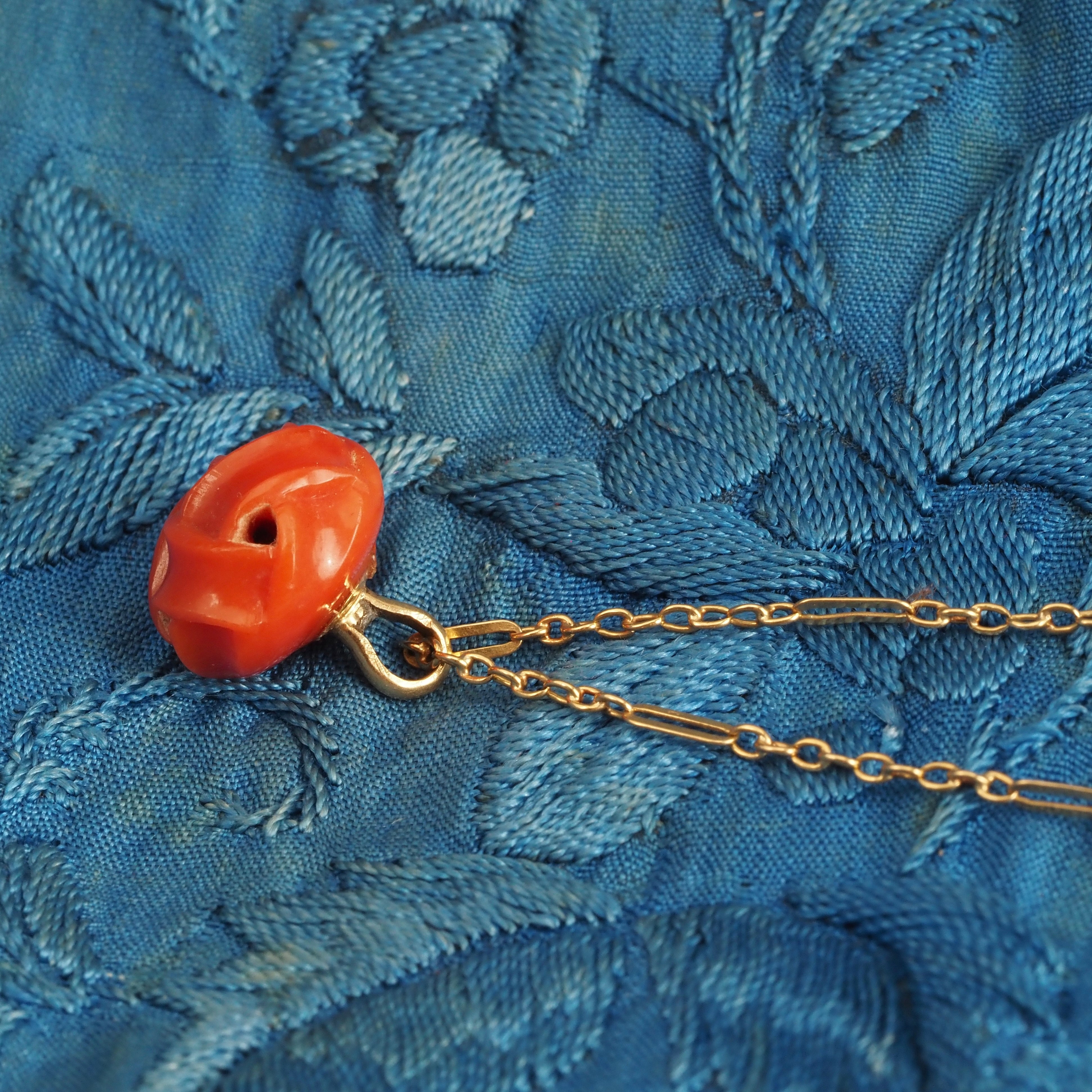 Antique Portuguese Carved Woven Coral Ball 19k Gold Necklace
