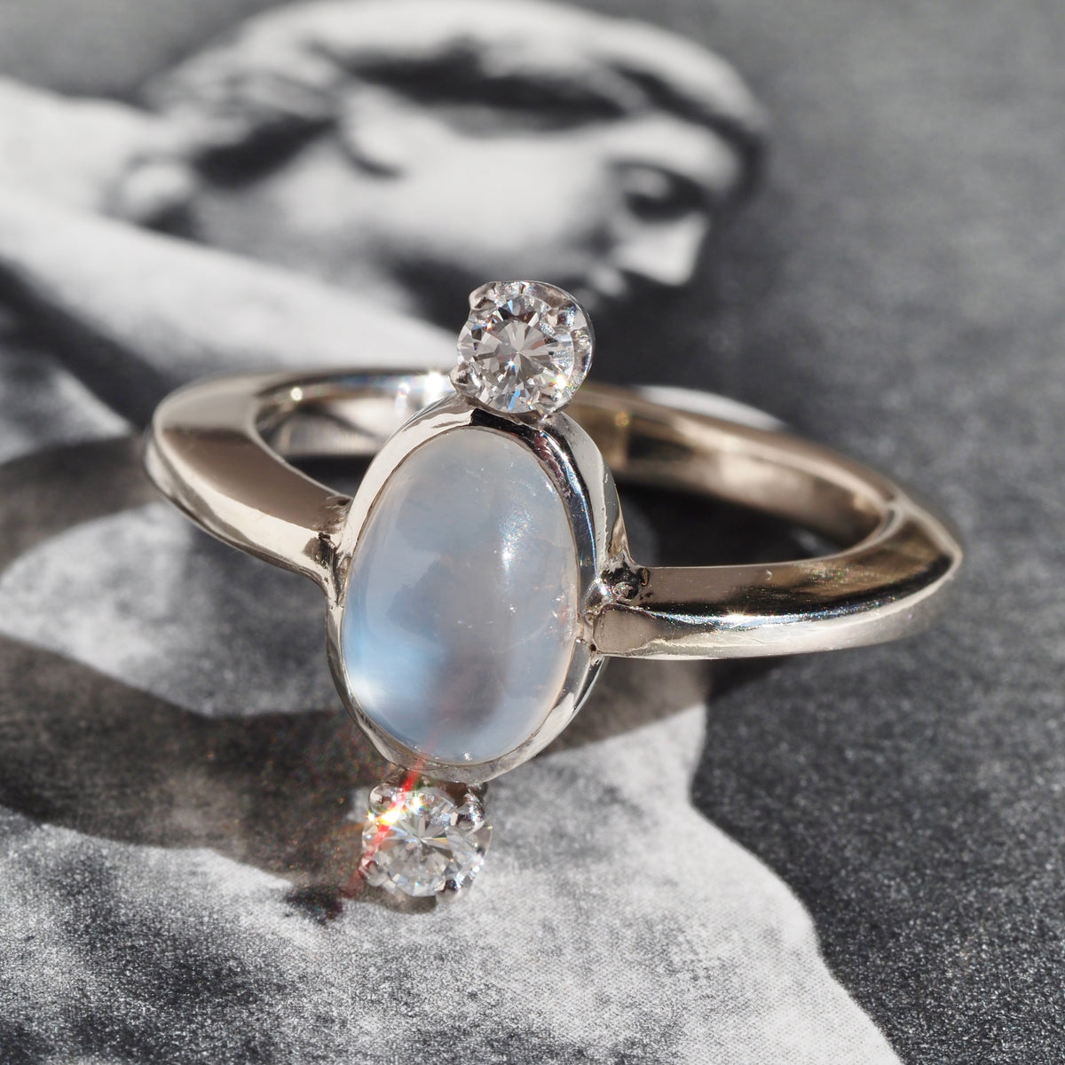 Antique Victorian Moonstone Diamond Palladium and 14k White Gold Ring