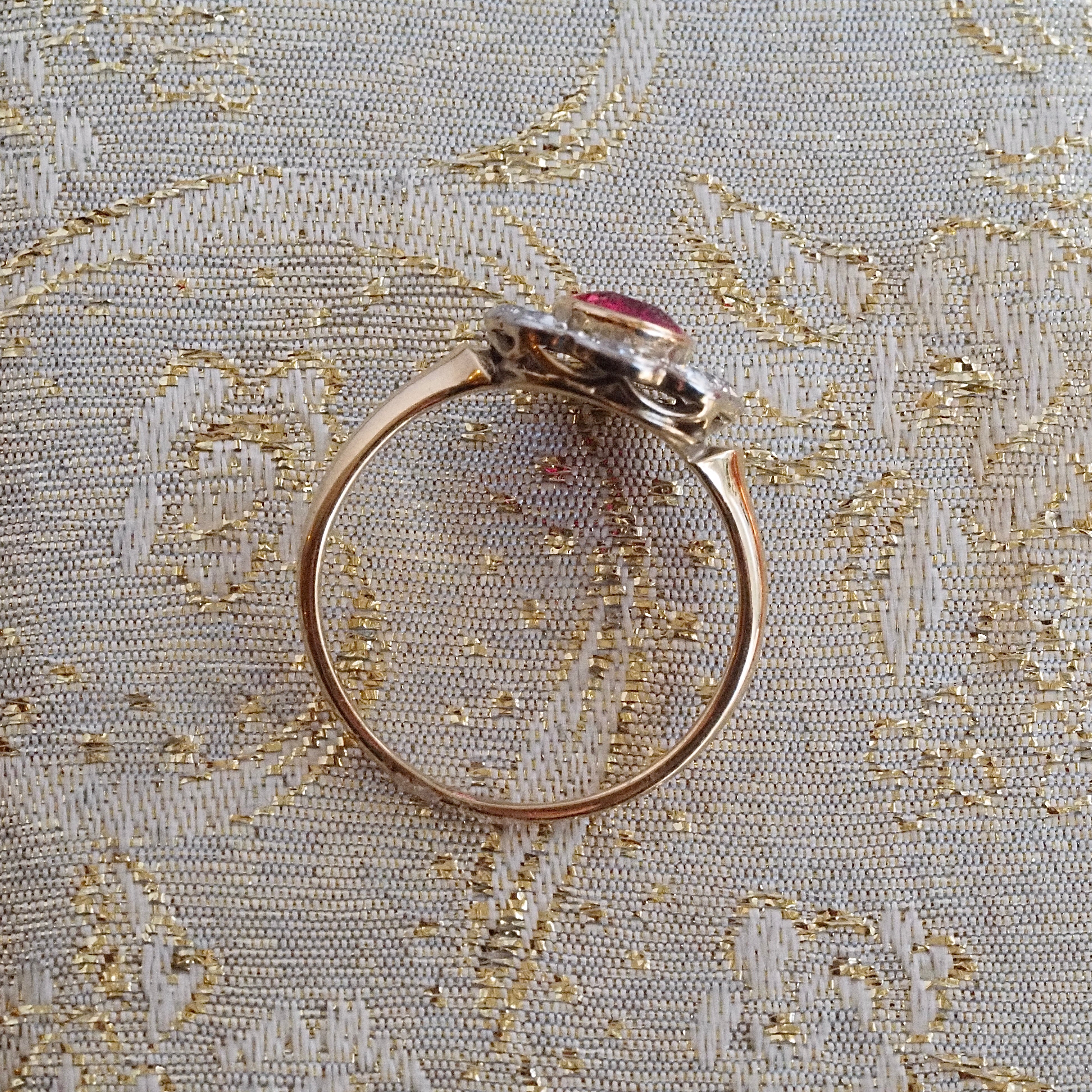 Antique Ruby and Old Mine Cut Diamond Flower 14k Gold Ring