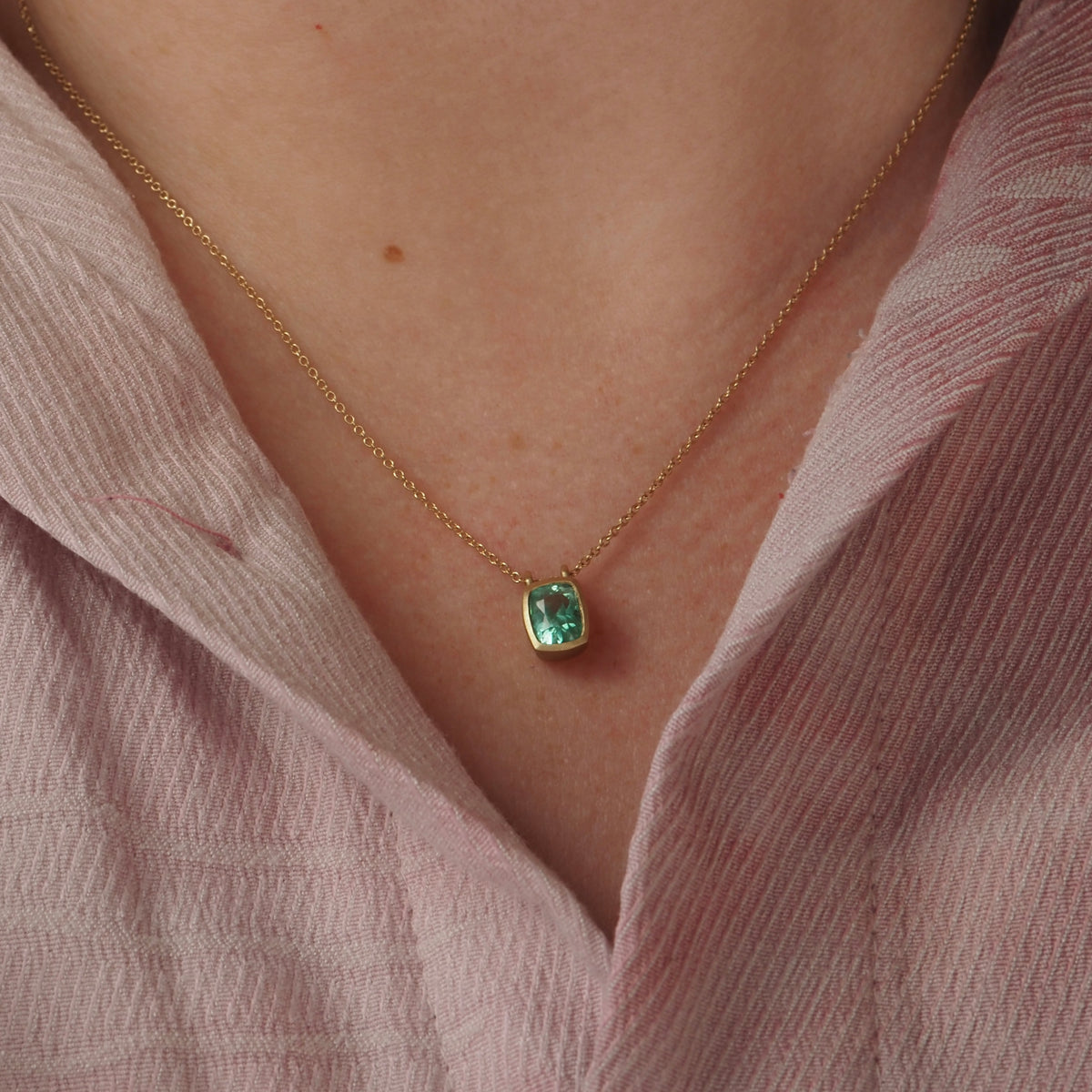 Emerald Brushed 14k Gold Necklace