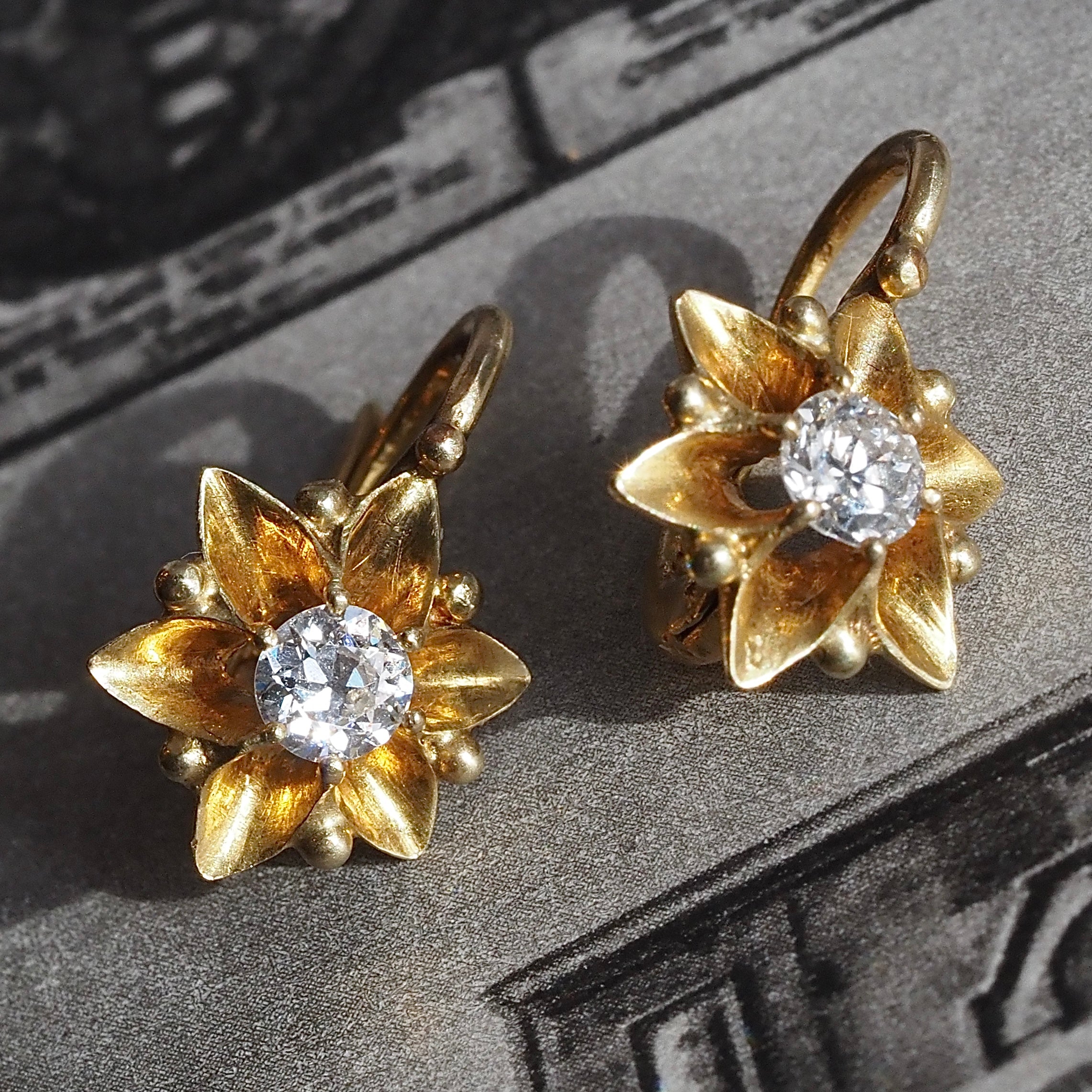 Antique Old European Cut Diamond Flower/Snowflake Hingeback 18k Gold Earrings