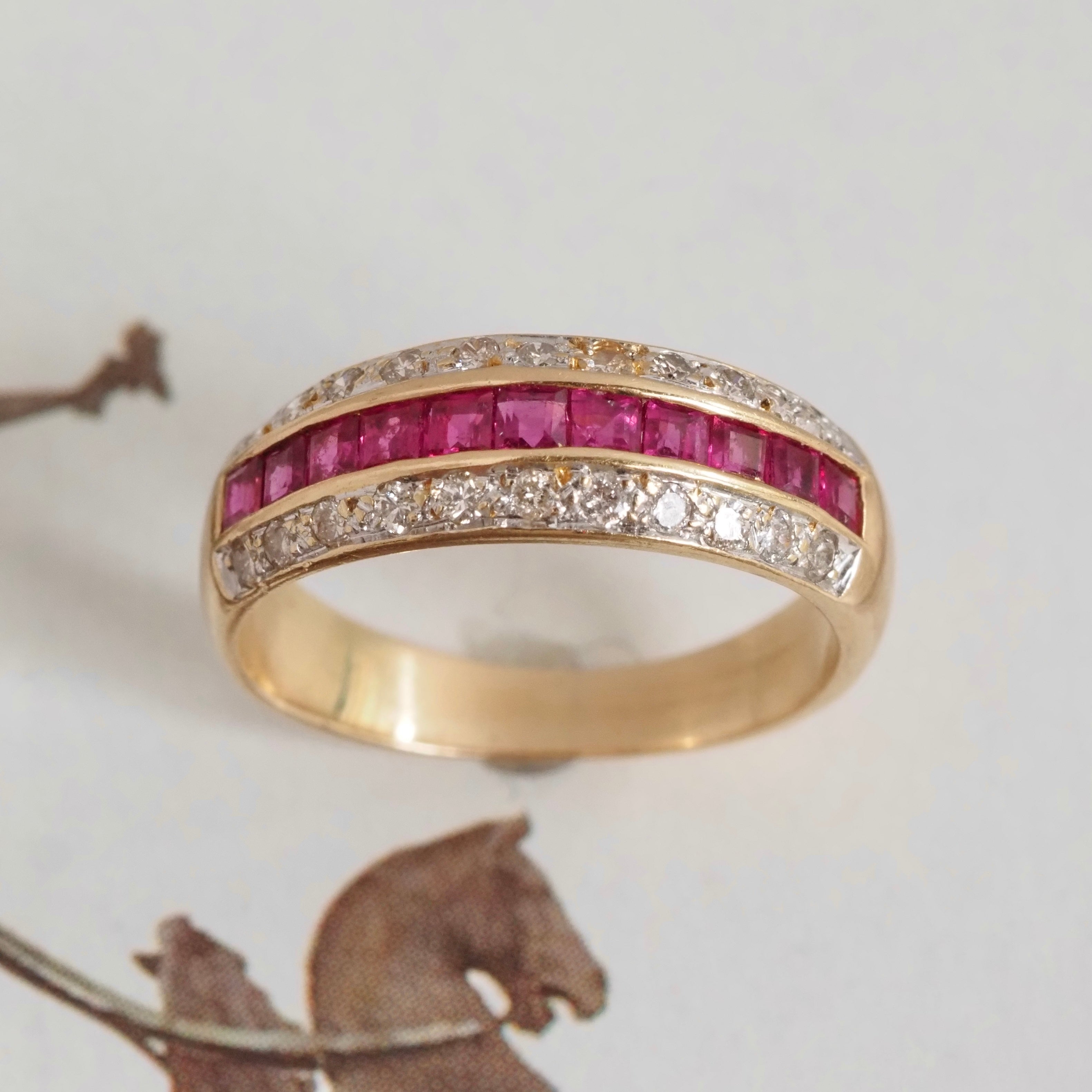 Vintage Channel Set Natural Princess Cut Ruby and Diamond 14k Gold Ring