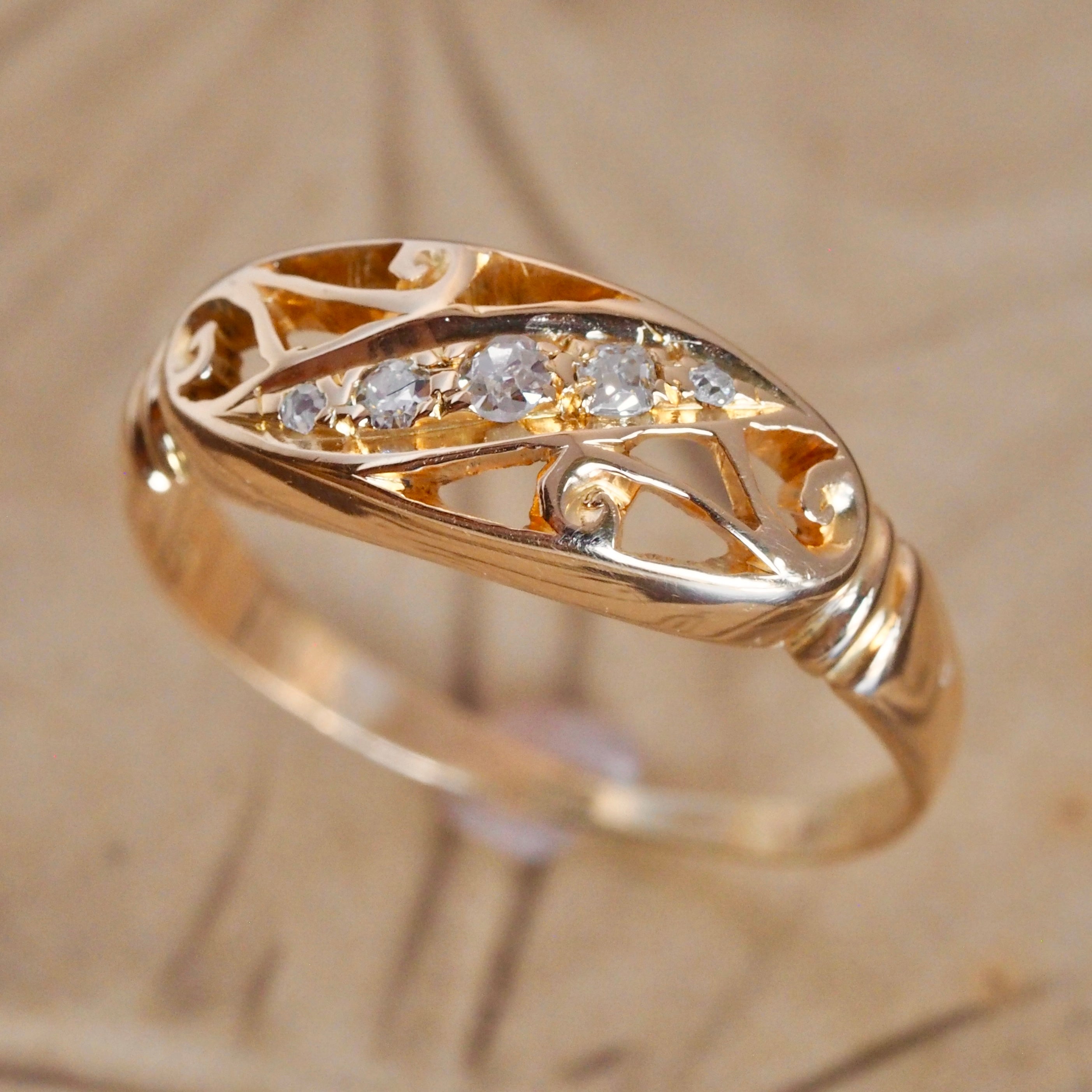 Antique Art Nouveau English 18k Gold and Diamond Scroll Ring