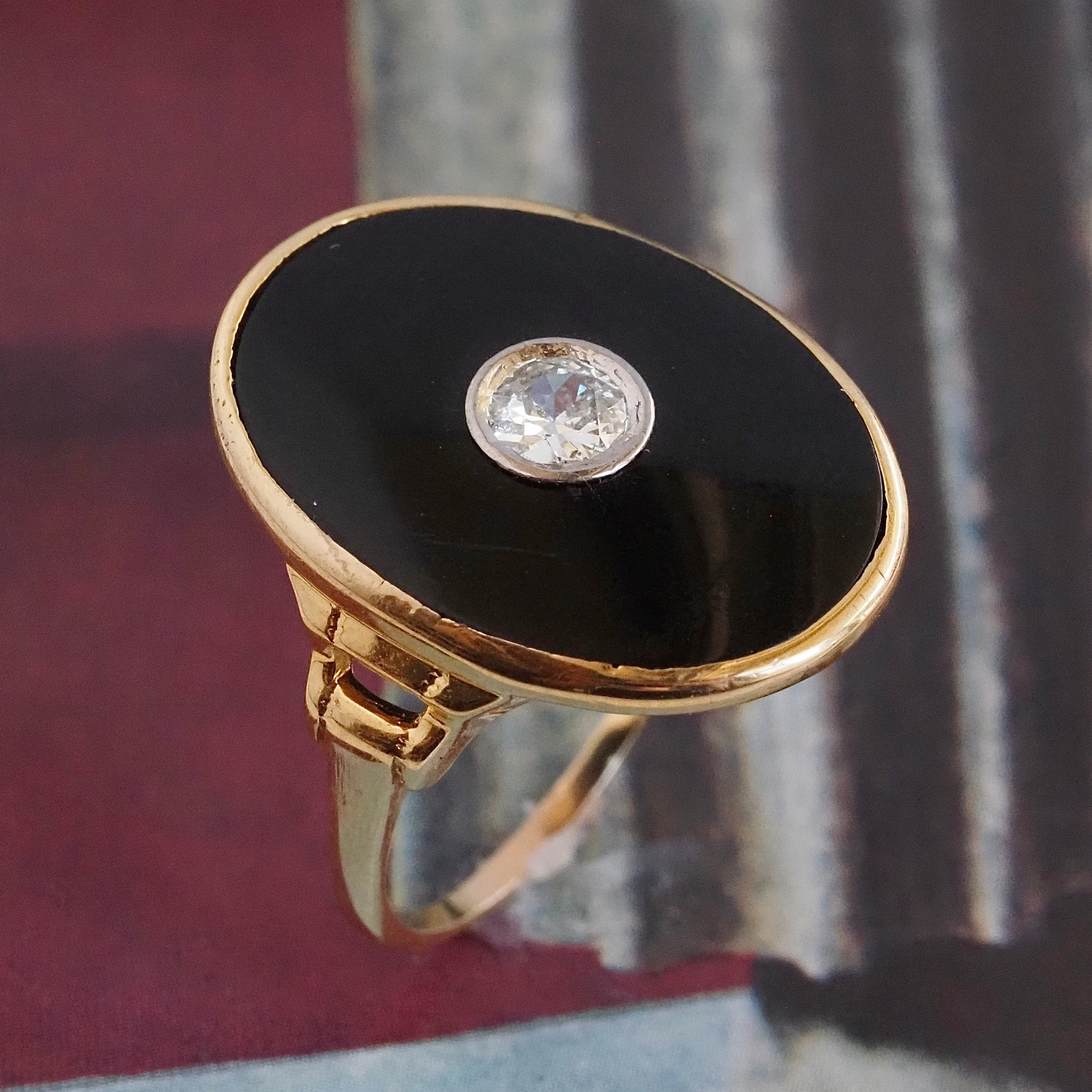 Antique Art Deco Old European Cut Diamond Onyx 14k Gold Ring