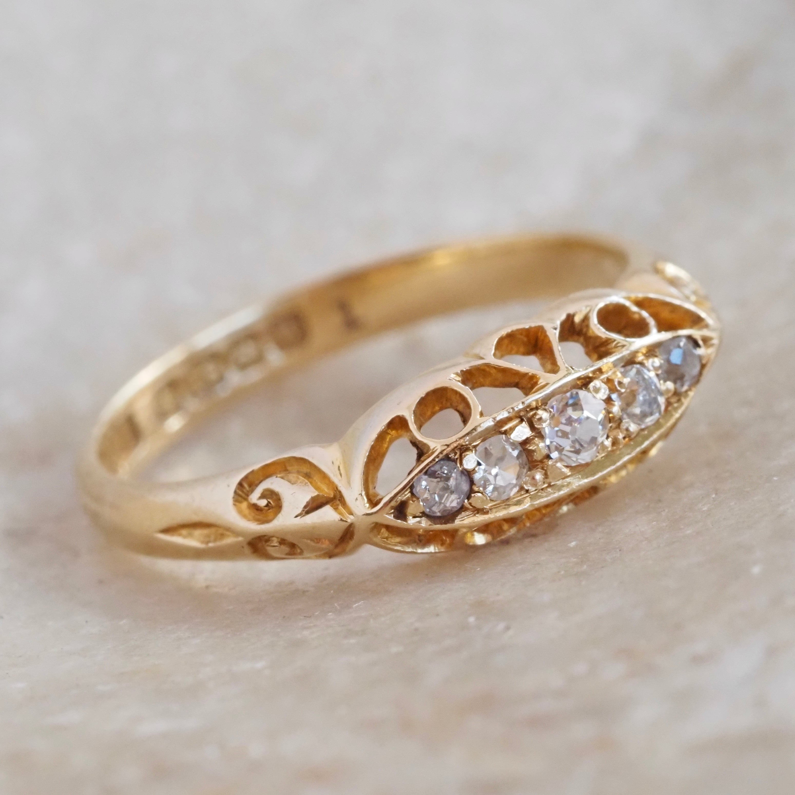 Antique c. 1921 English 18k Gold Five Stone Diamond Boat Ring