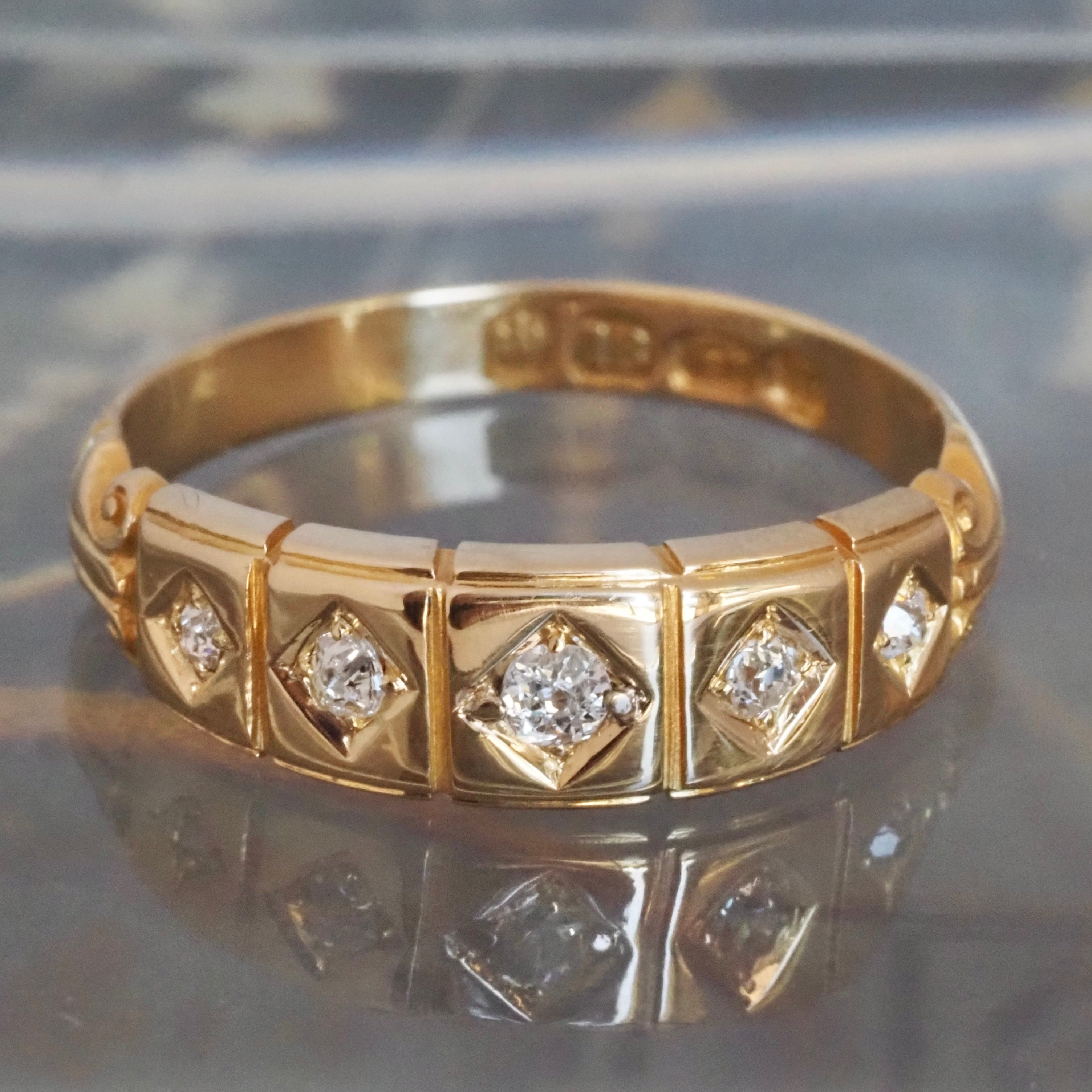Antique c. 1890 English 18k Gold Flush Set Five Stone Diamond Ring