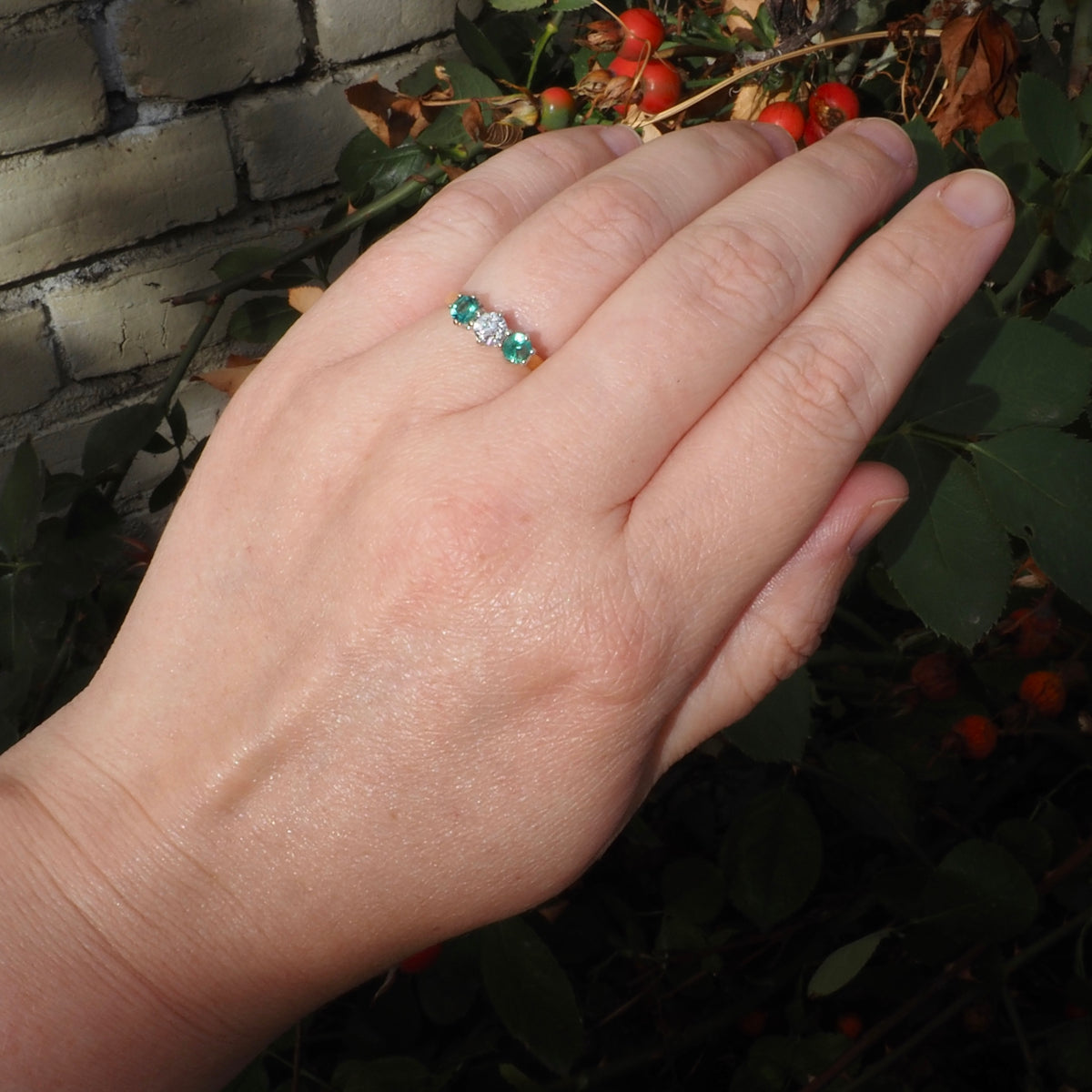 Vintage English Natural Emerald and Old European Cut Diamond Trilogy 18k Gold Ring