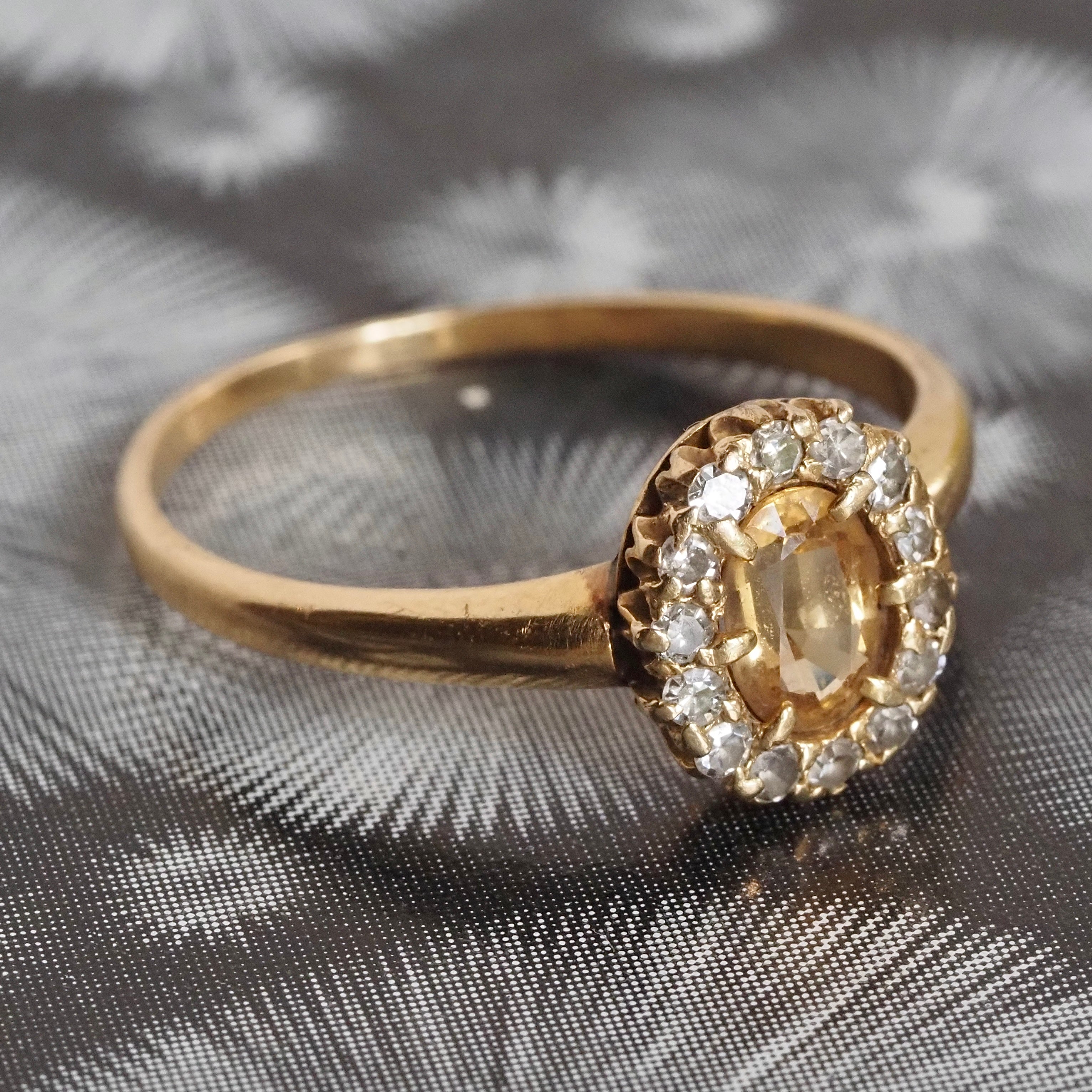 Antique Yellow Topaz and Diamond Halo 18k Gold Ring