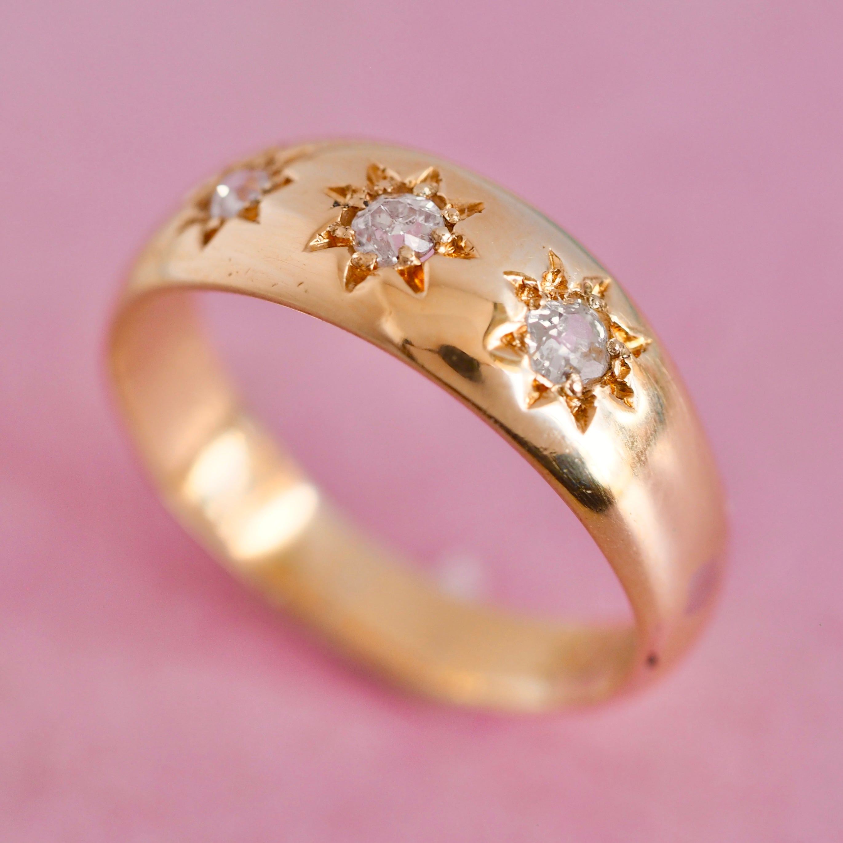 Antique c.1915 Birmingham 18k Gold Old Mine Cut Diamond Starburst Trilogy Ring