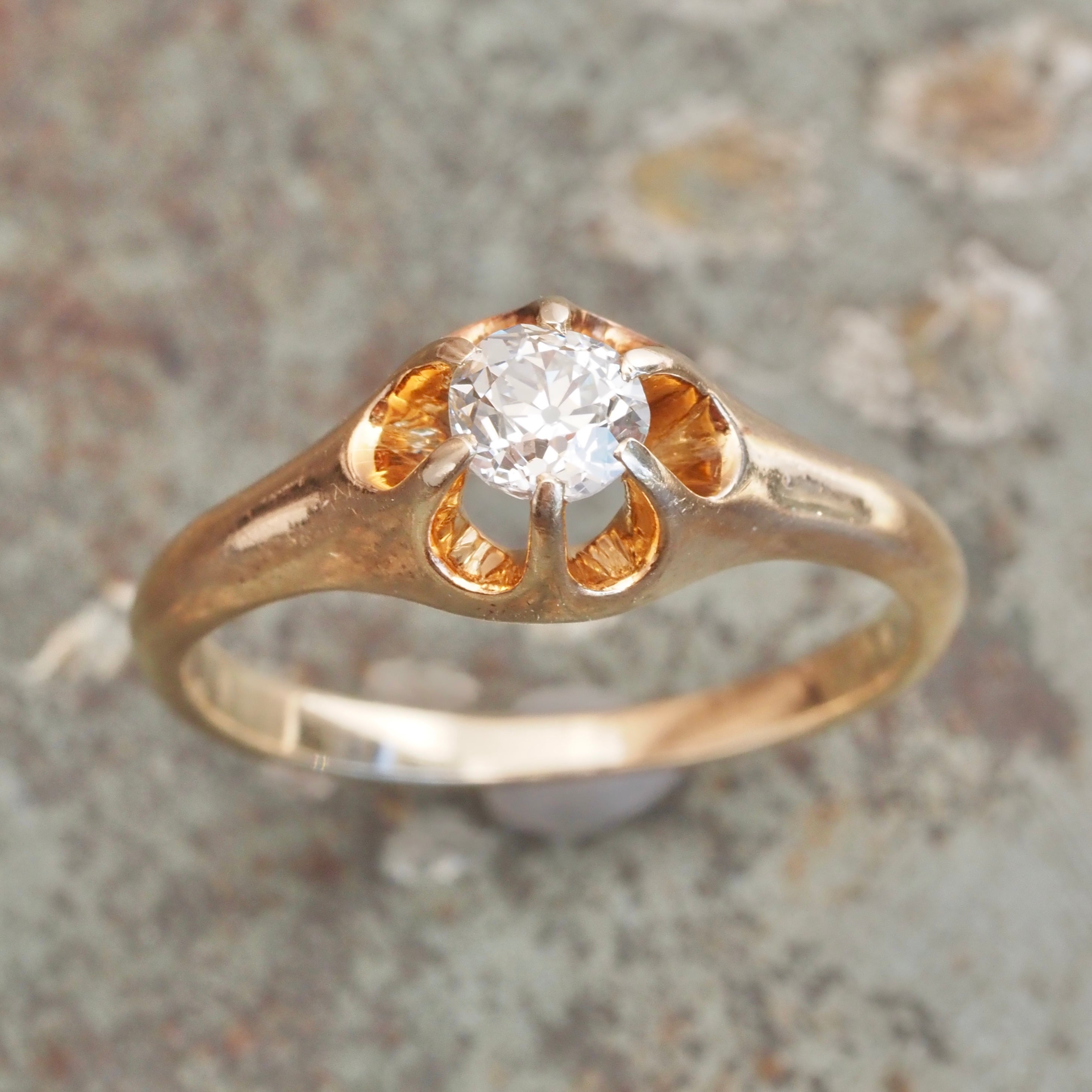 Antique 14k Gold Belcher Set Old Mine Cut Diamond Ring