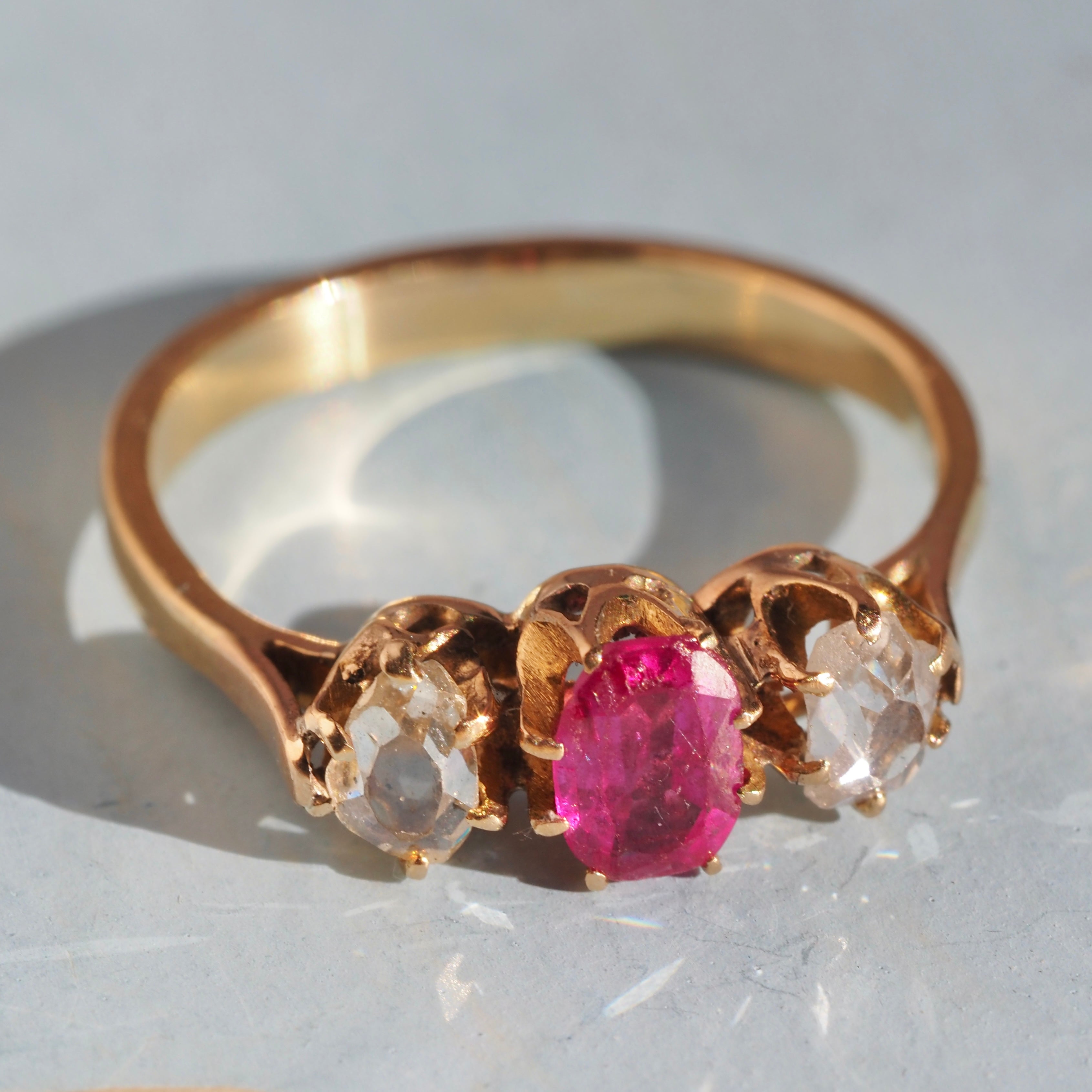 Antique Natural Ruby Rose Cut Diamond Trilogy 18k Gold Ring