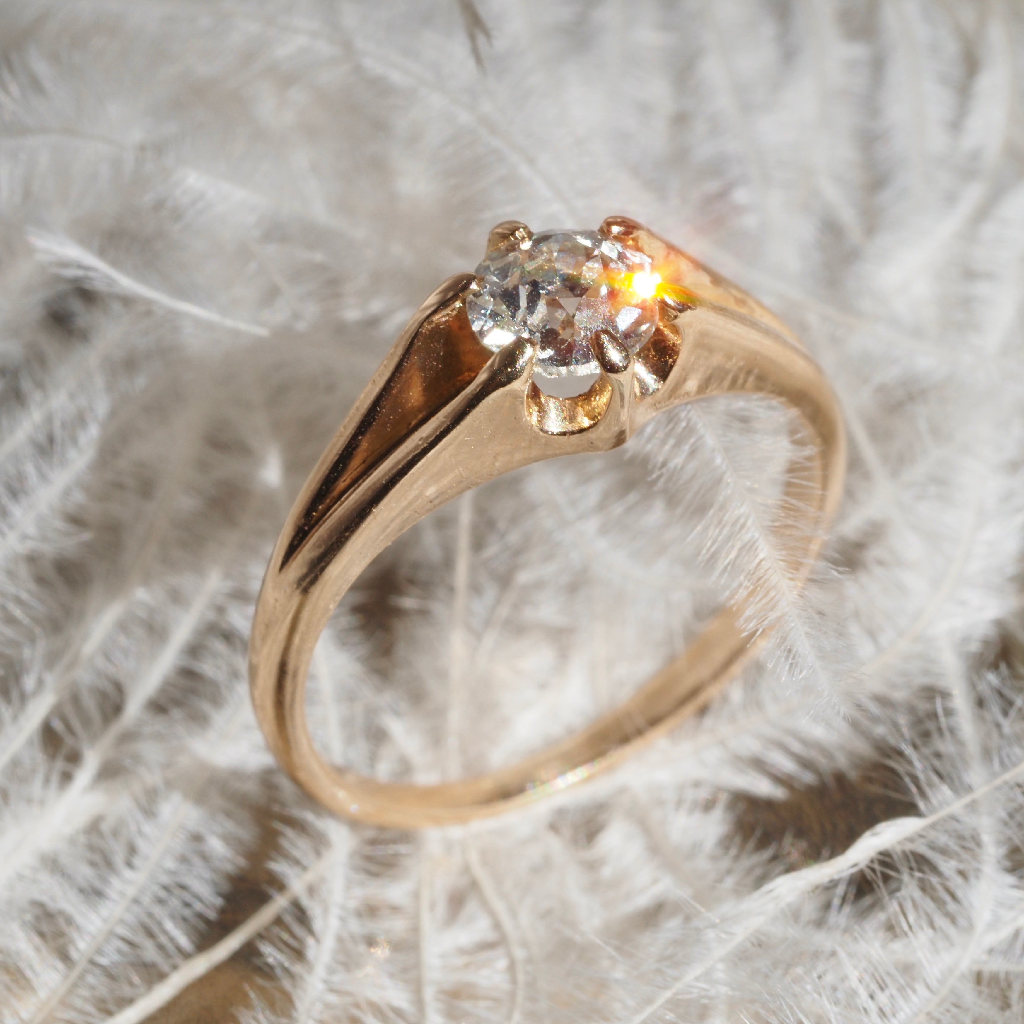 Antique Belcher Set Old Mine Cut Diamond 14k Gold Solitaire Engagement Ring