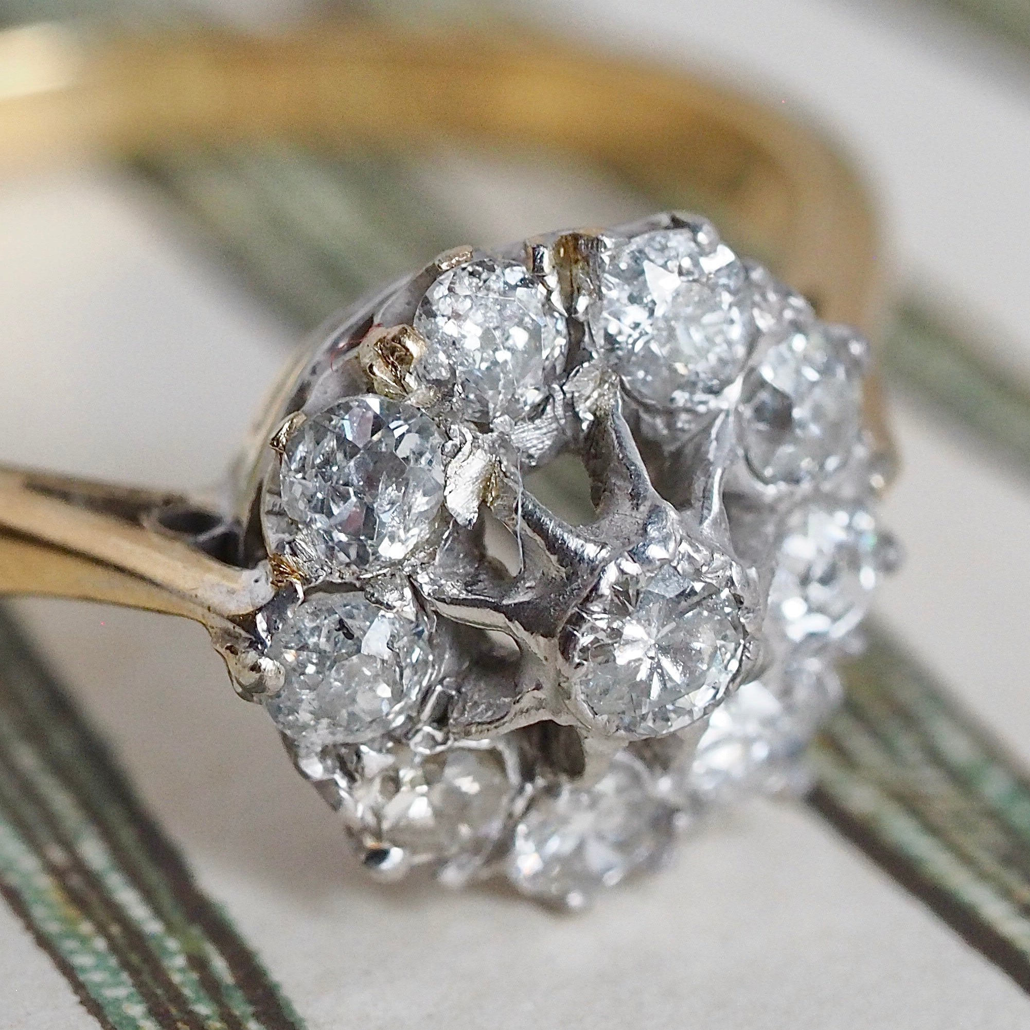 Antique Old Mine Cut Diamond Cluster 18k Gold and Platinum Engagement Ring