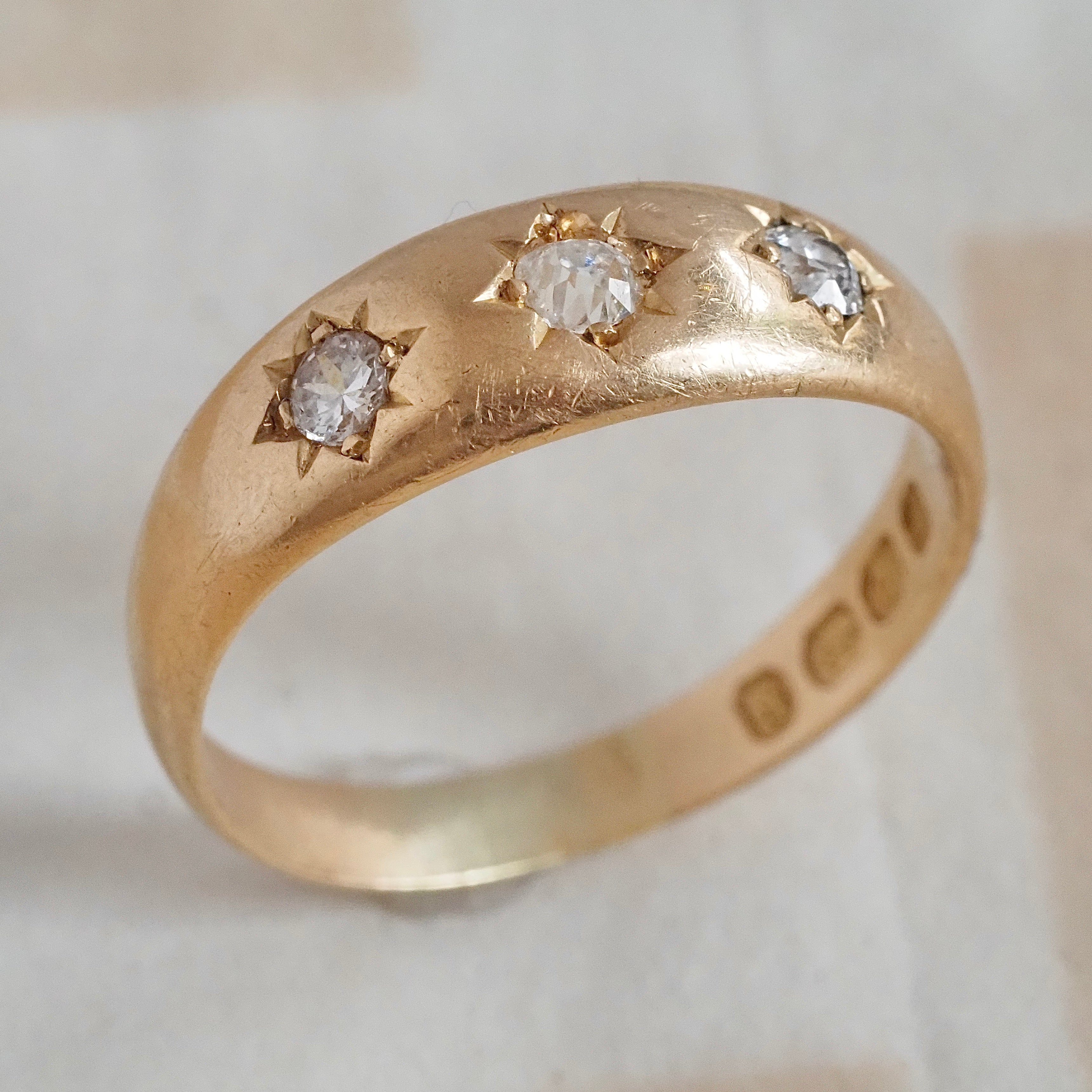 Antique c. 1890 English 18k Gold Old Mine & Old European Cut Diamond Flush Set Trilogy Ring