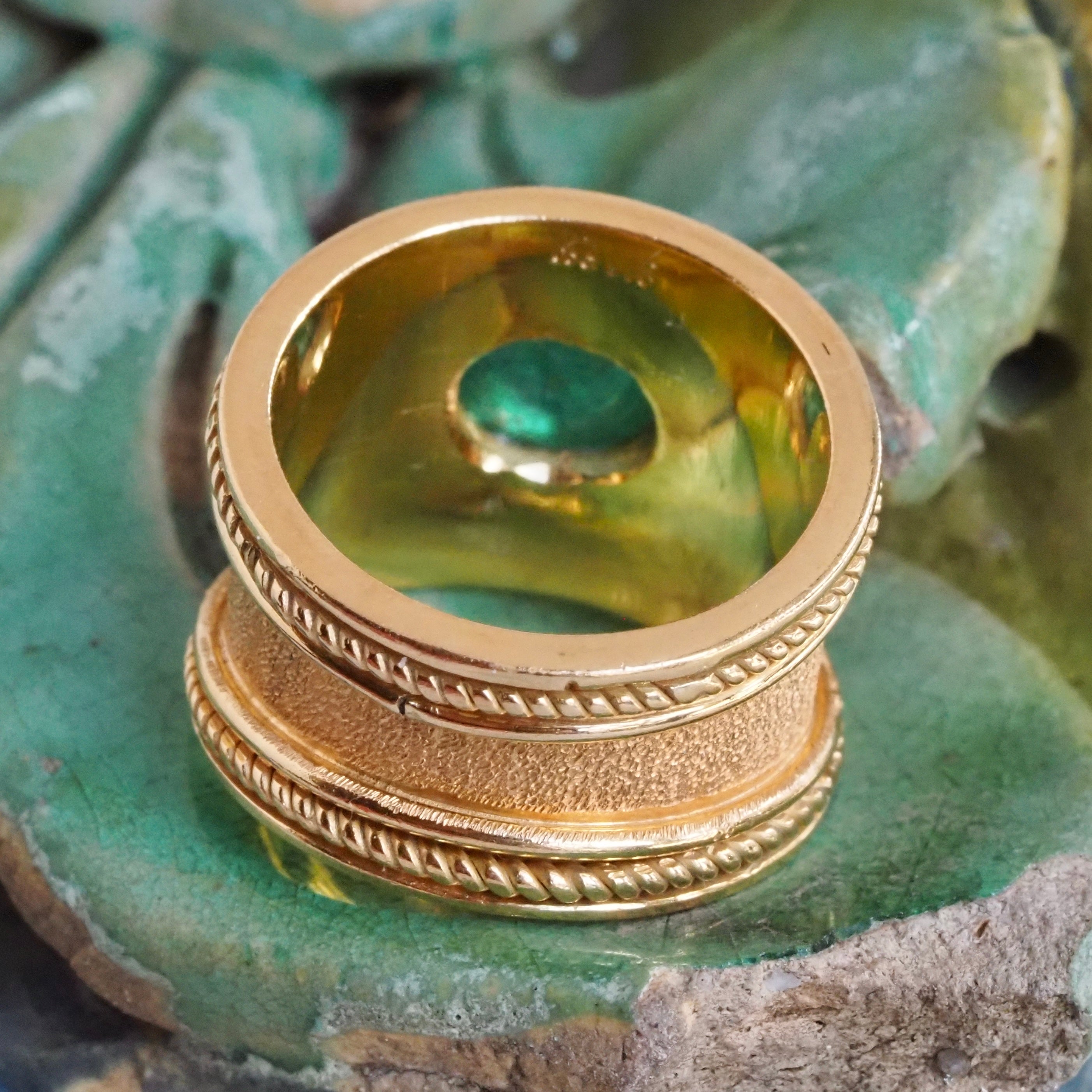 Etruscan Style Emerald Cabochon 18k Gold Wide Ring