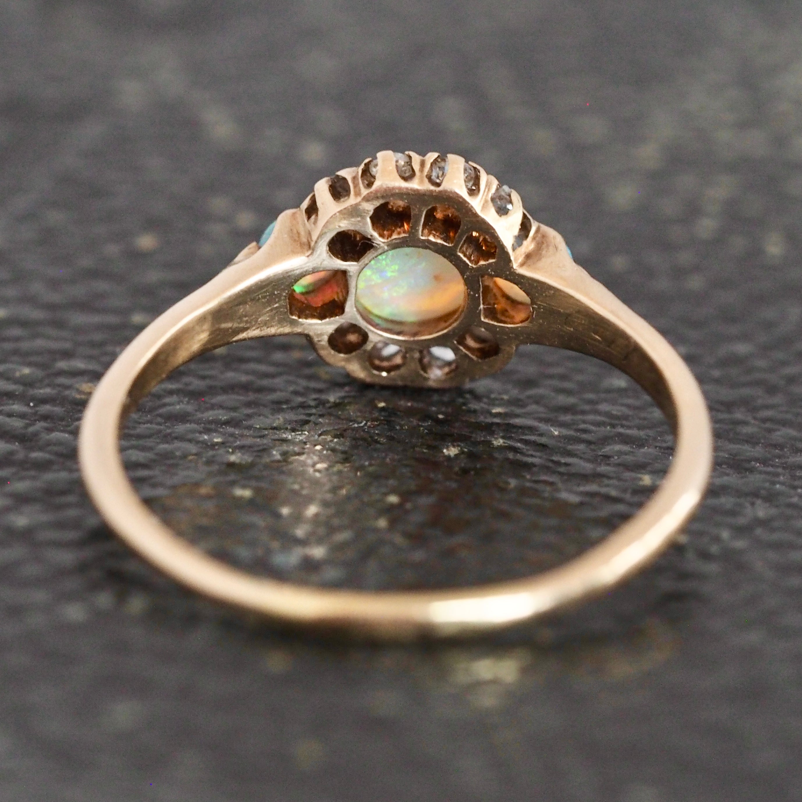 Antique 14k Gold Opal and Old Mine Cut Diamond Halo Ring
