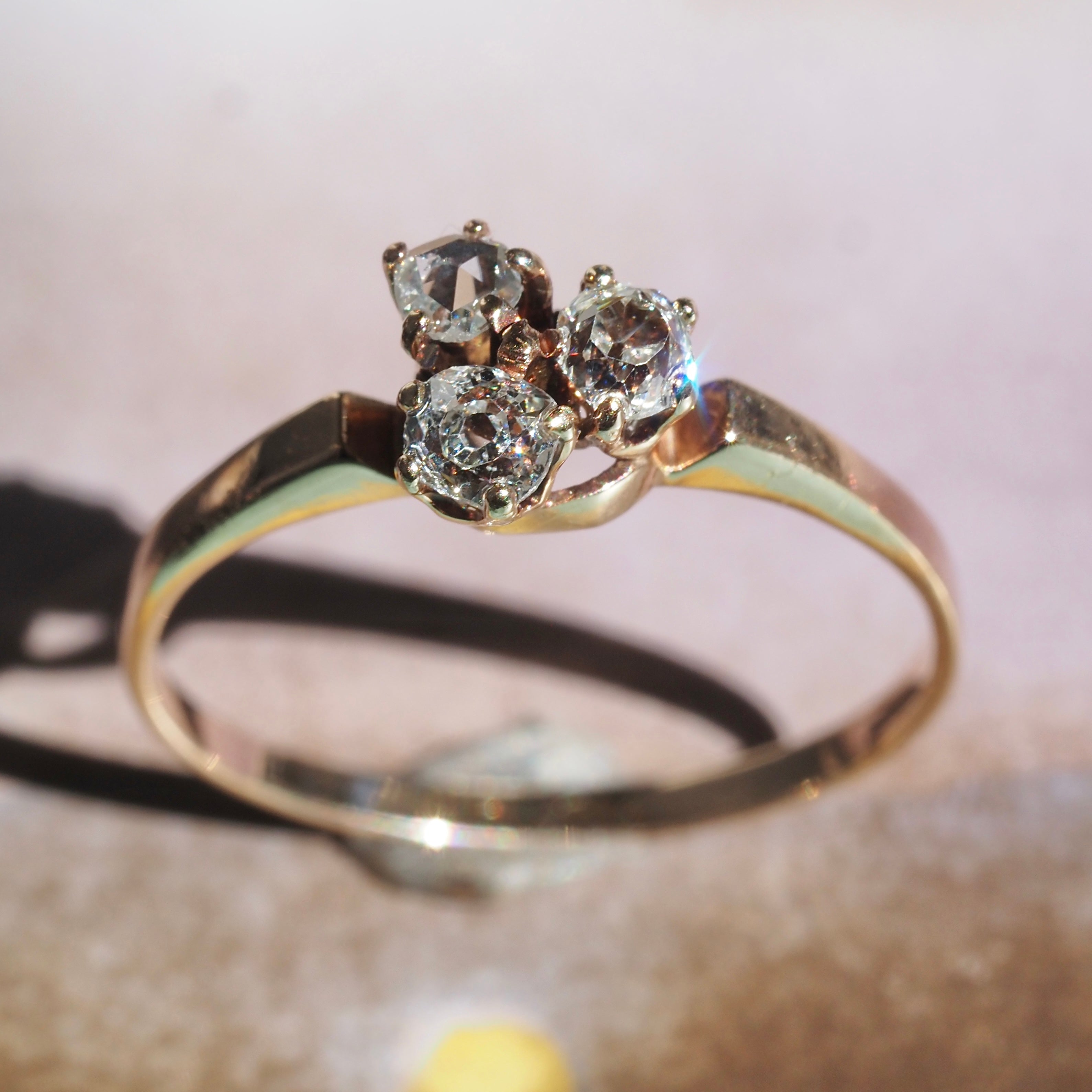 Antique Victorian Old Mine Cut and Rose Cut Diamond Trio 10K Ring