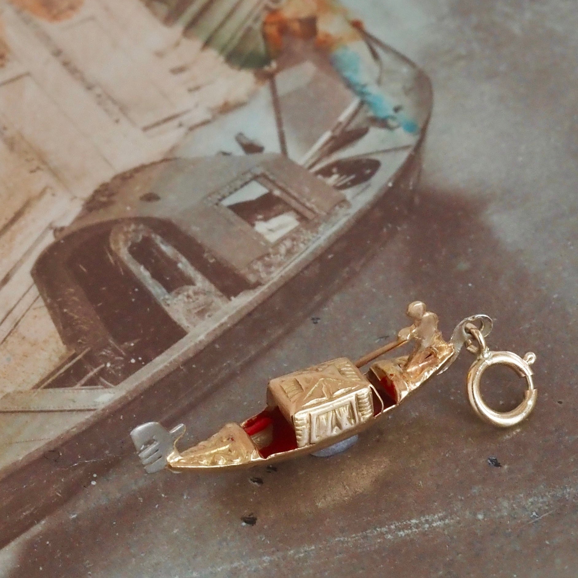 Vintage Italian 18k Gold & Enamel Gondola Charm