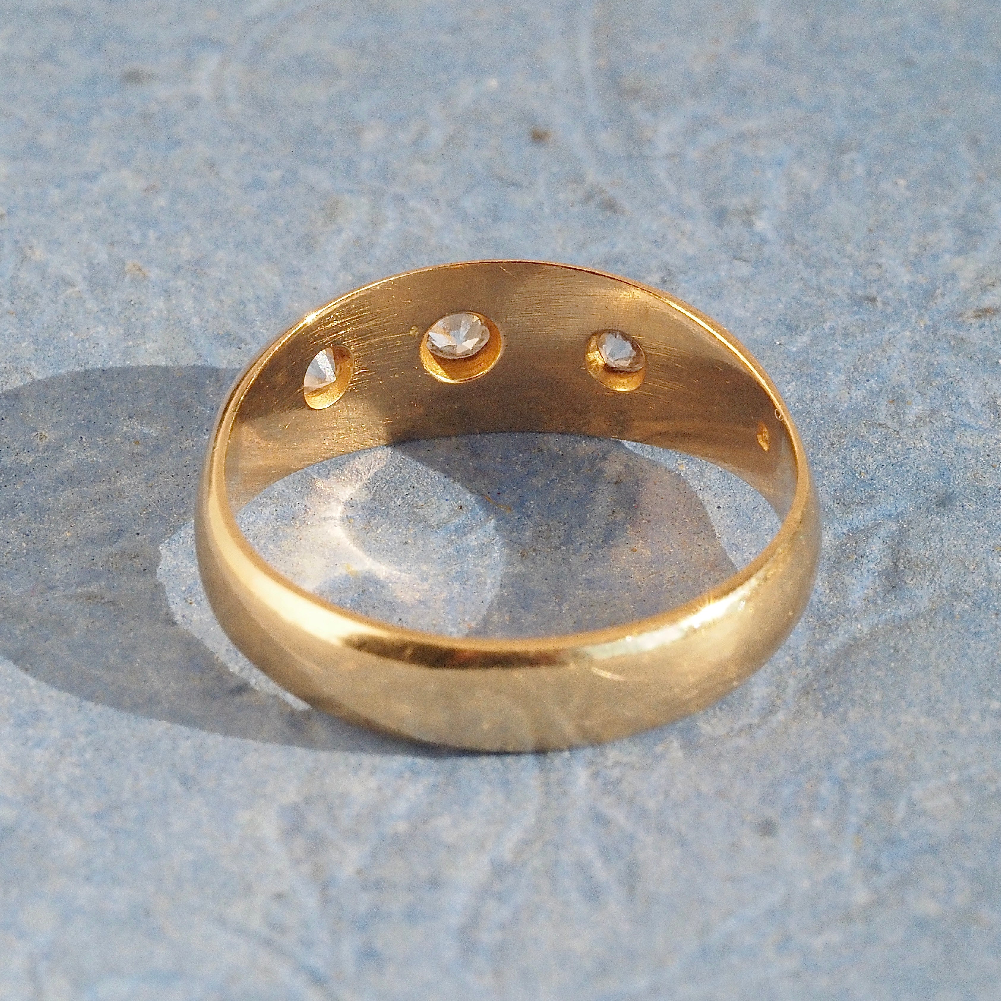 Antique English Starburst Flush Set Old Mine Cut Diamond Trilogy 18k Gold Ring