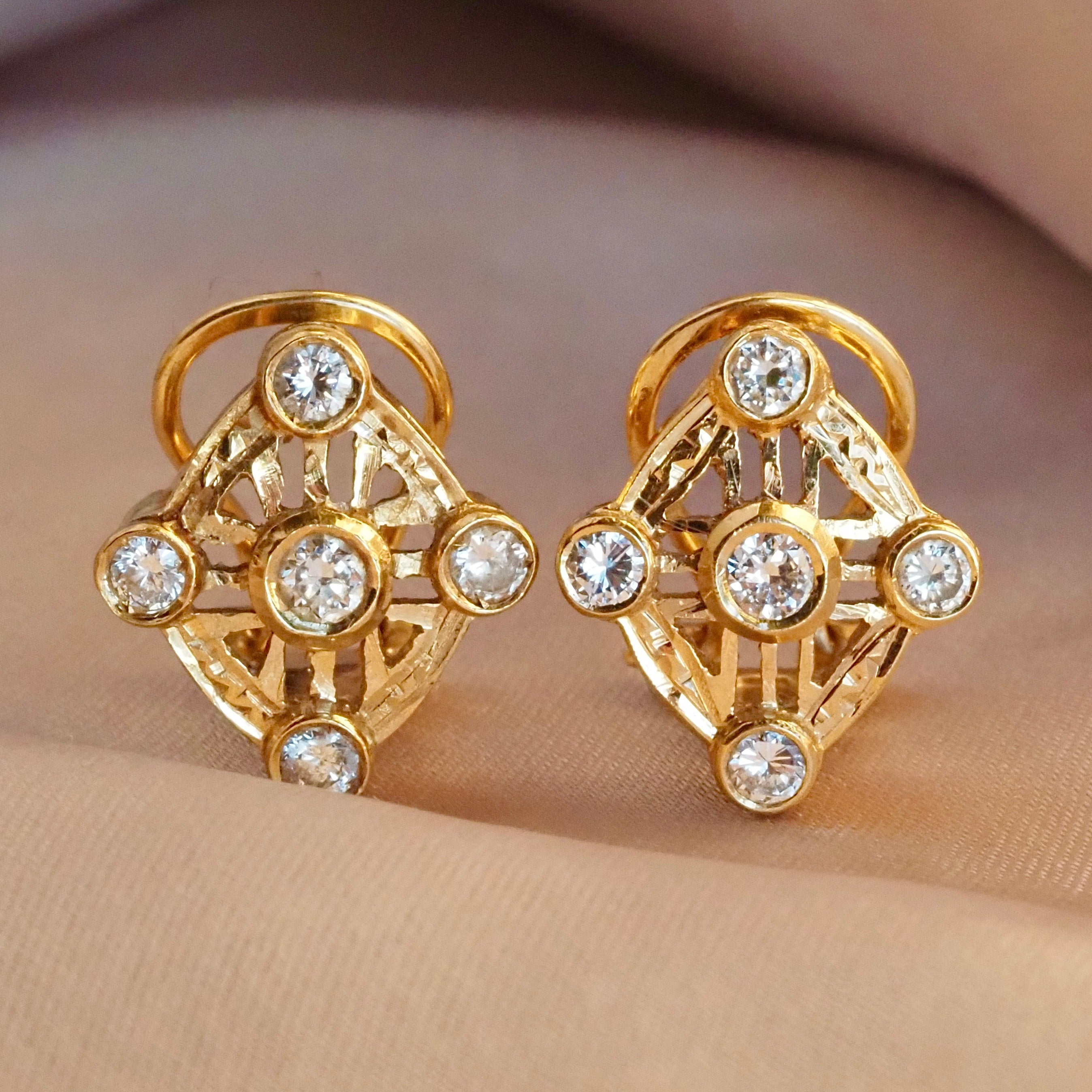 Vintage Spanish Diamond 18k Gold Kite Omega Back Earrings