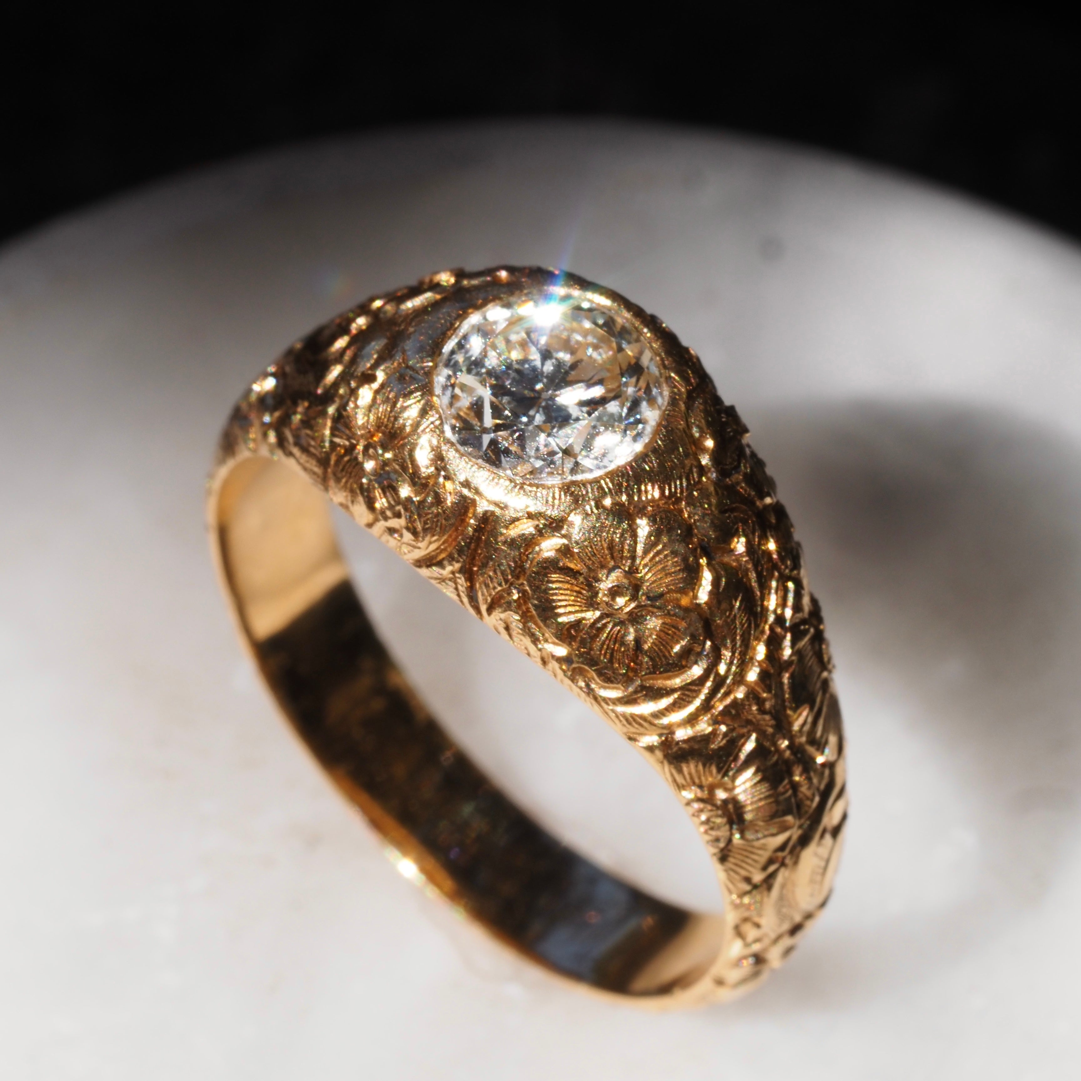 Vintage Portuguese Floral Engraved 19k Gold 1.26ct Old European Cut Diamond Ring