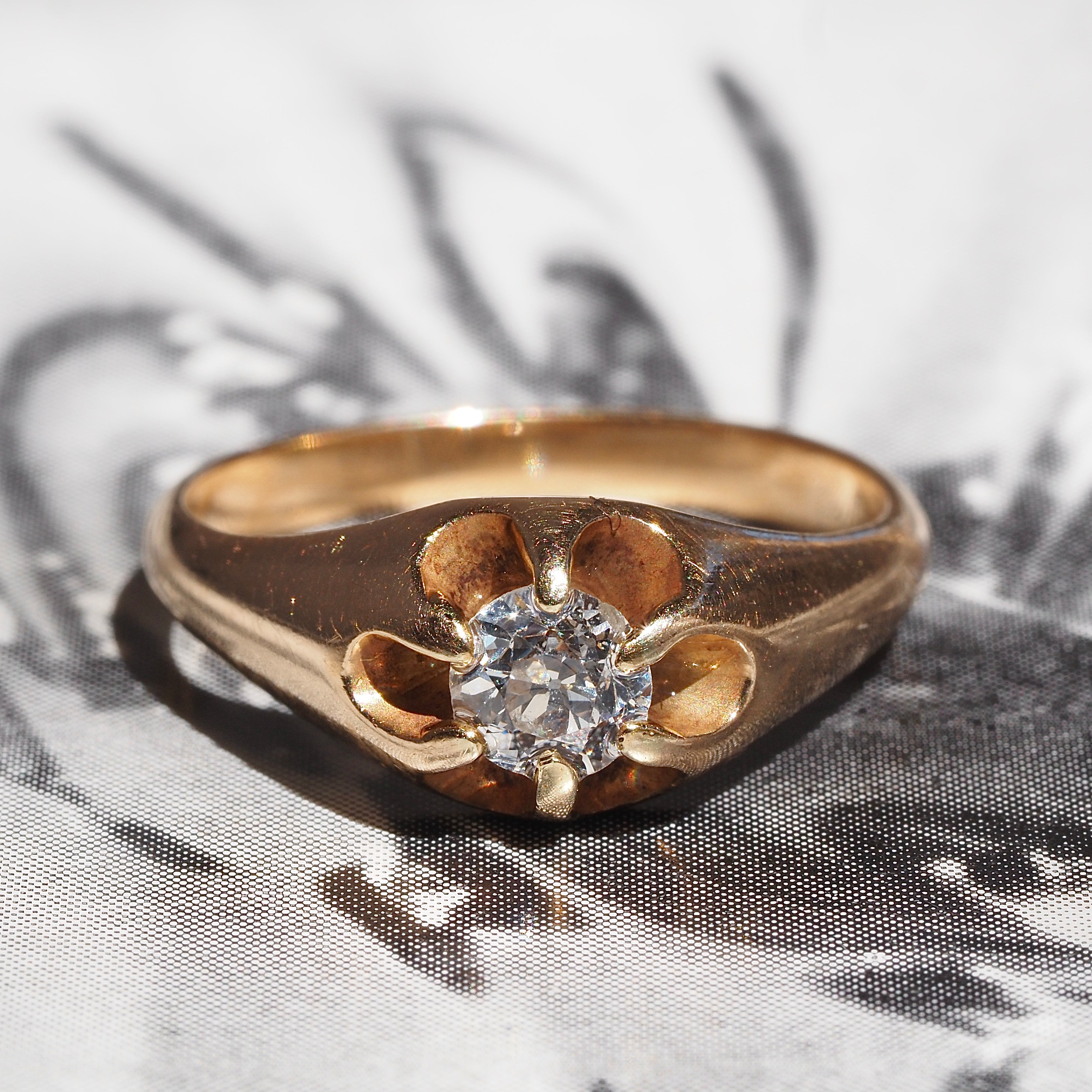 Antique Old Mine Cut Diamond Belcher Set 14k Gold Engagement Ring
