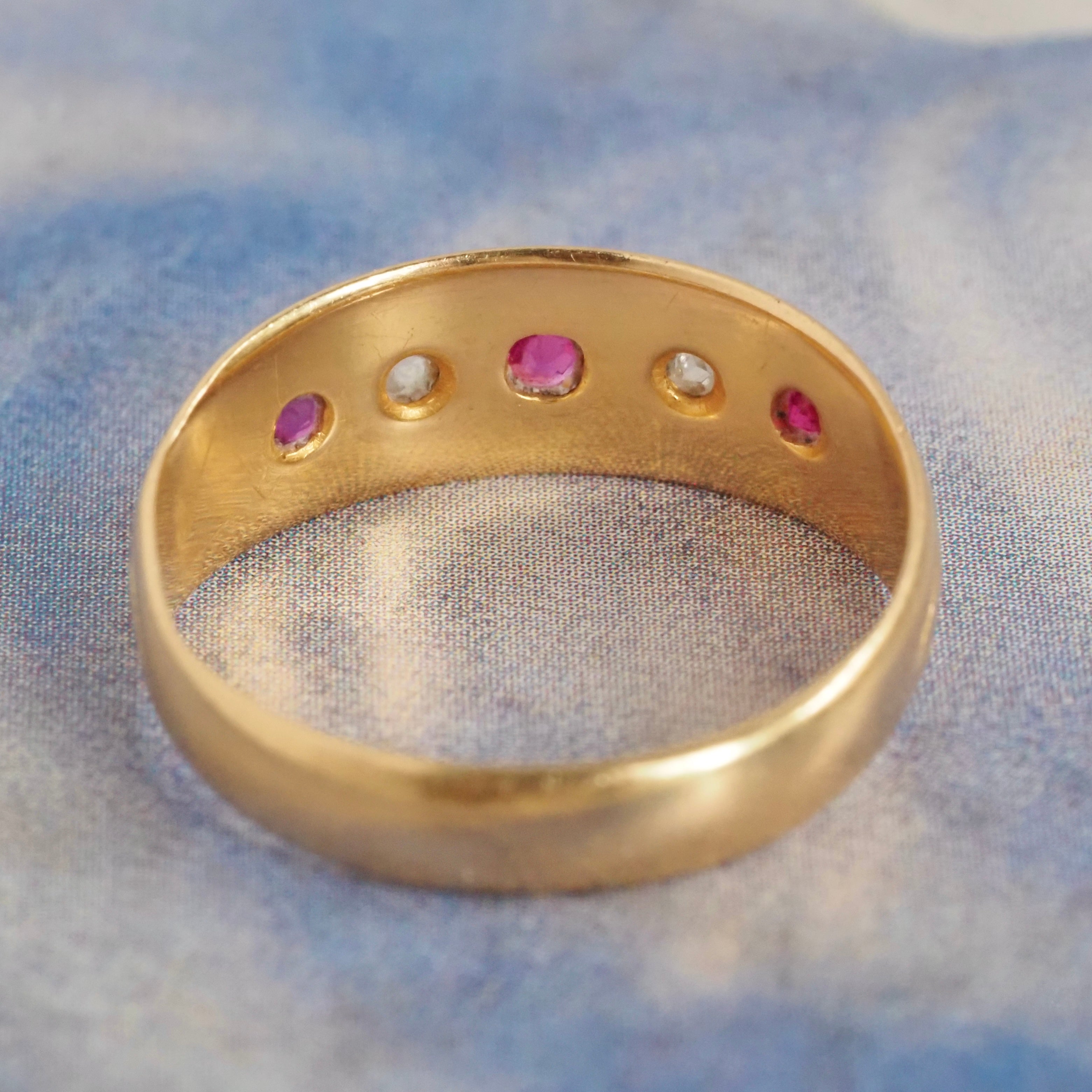 Antique English 18k Gold Natural Ruby and Rose Cut Diamond Flush Set Ring