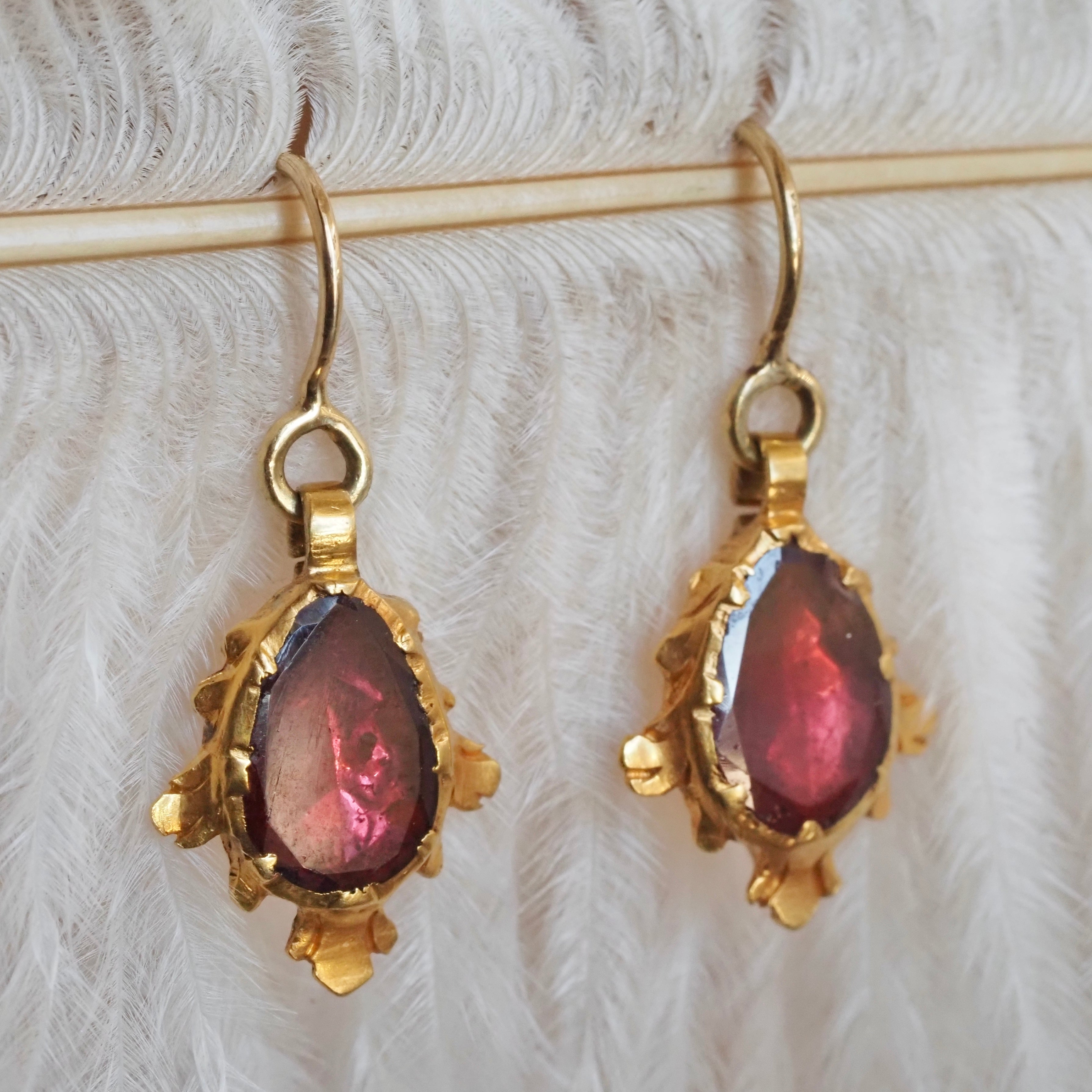 Antique Georgian 15k Gold Foil Backed Garnet Earrings
