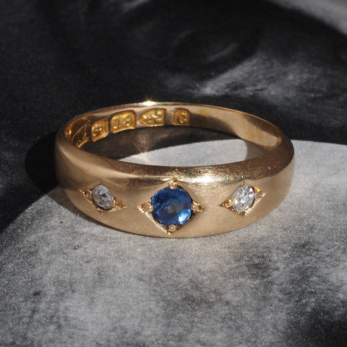 Antique English c. 1886 Sapphire and Diamond Flush Set Trilogy Ring