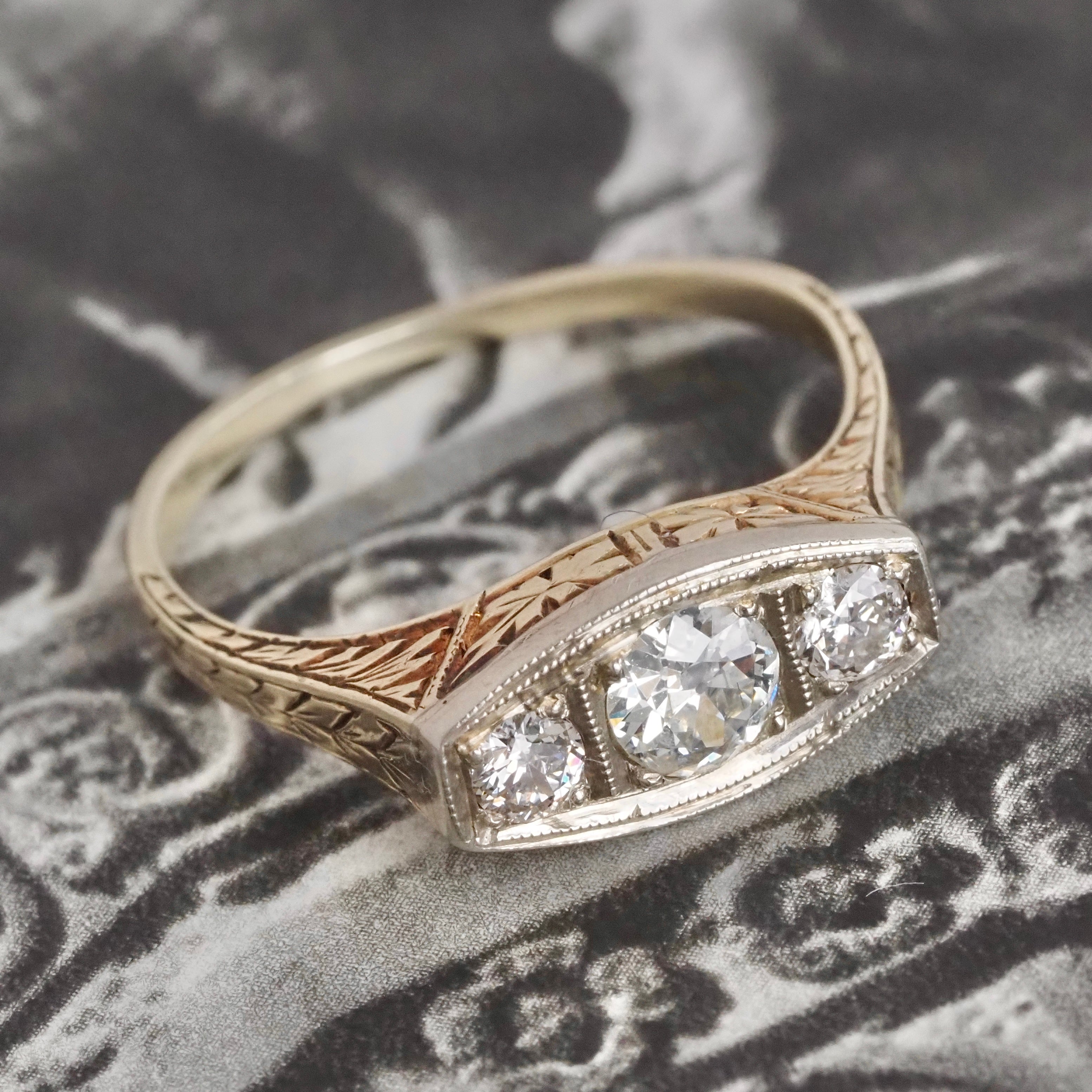 Antique Art Deco Old European Cut Diamond Trilogy 14k Gold Two Tone Engagement Ring