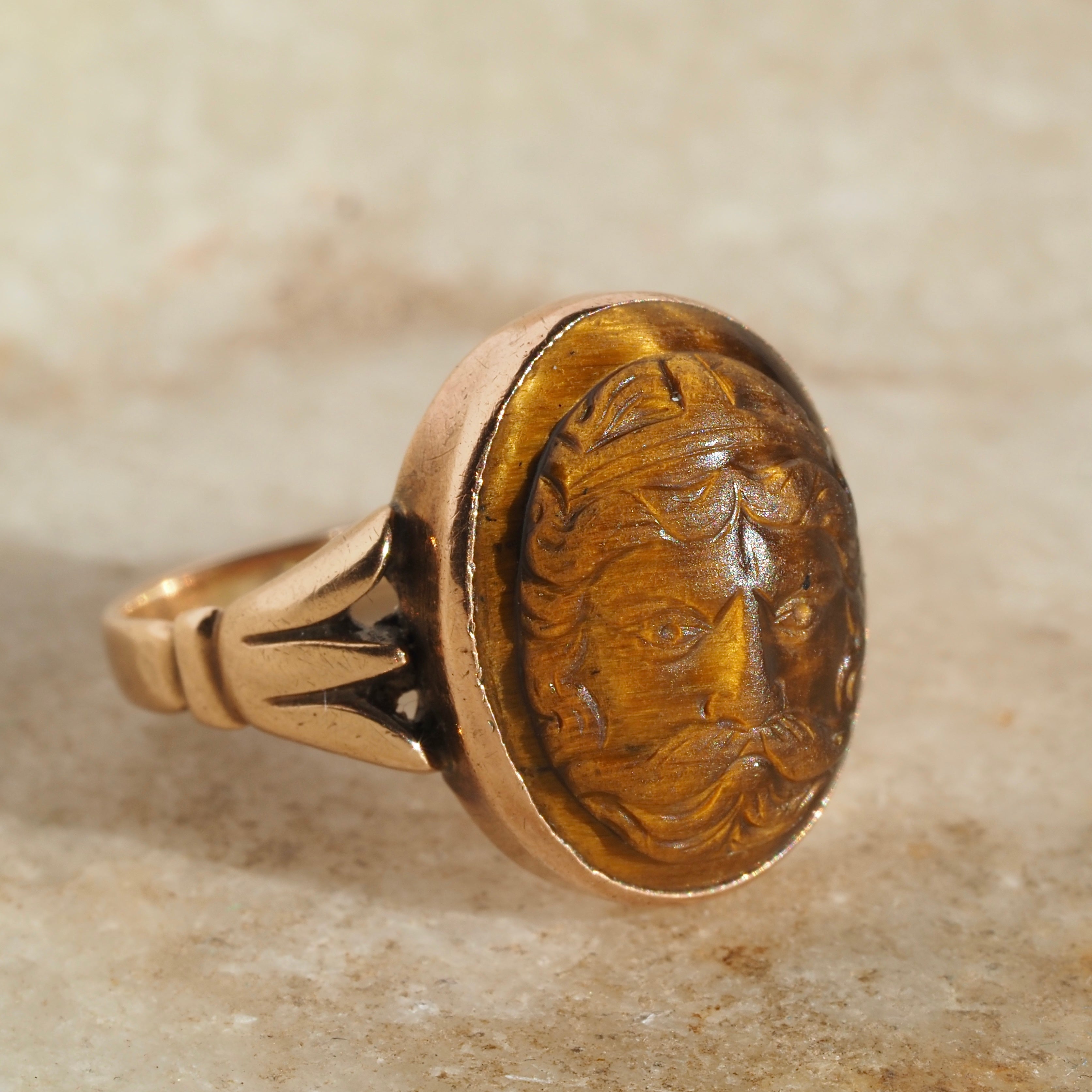Antique Victorian Carved Zeus Tiger's Eye 10k Gold Ring