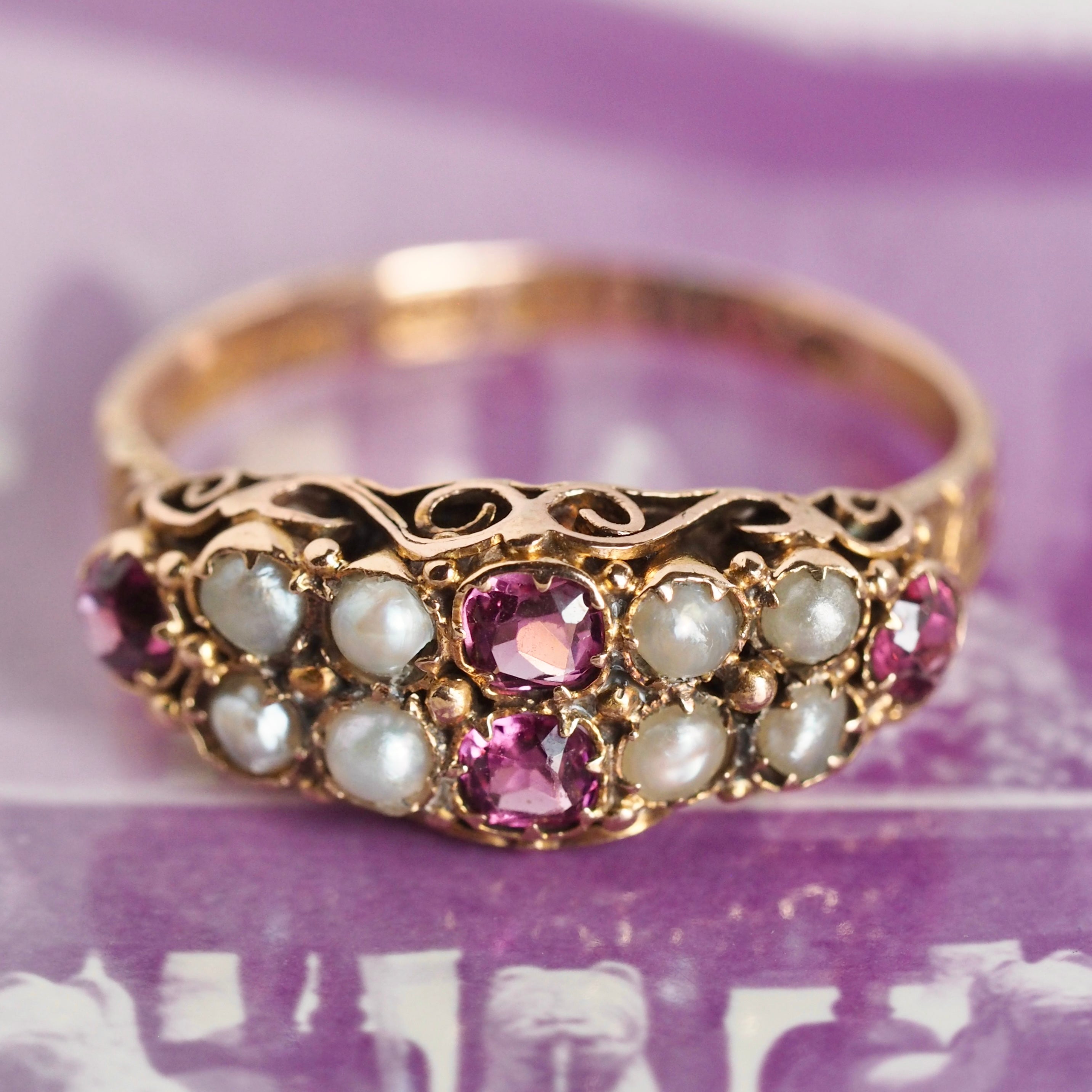 Antique Victorian c. 1872 15k Gold Almandine Garnet Seed Pearl Ring