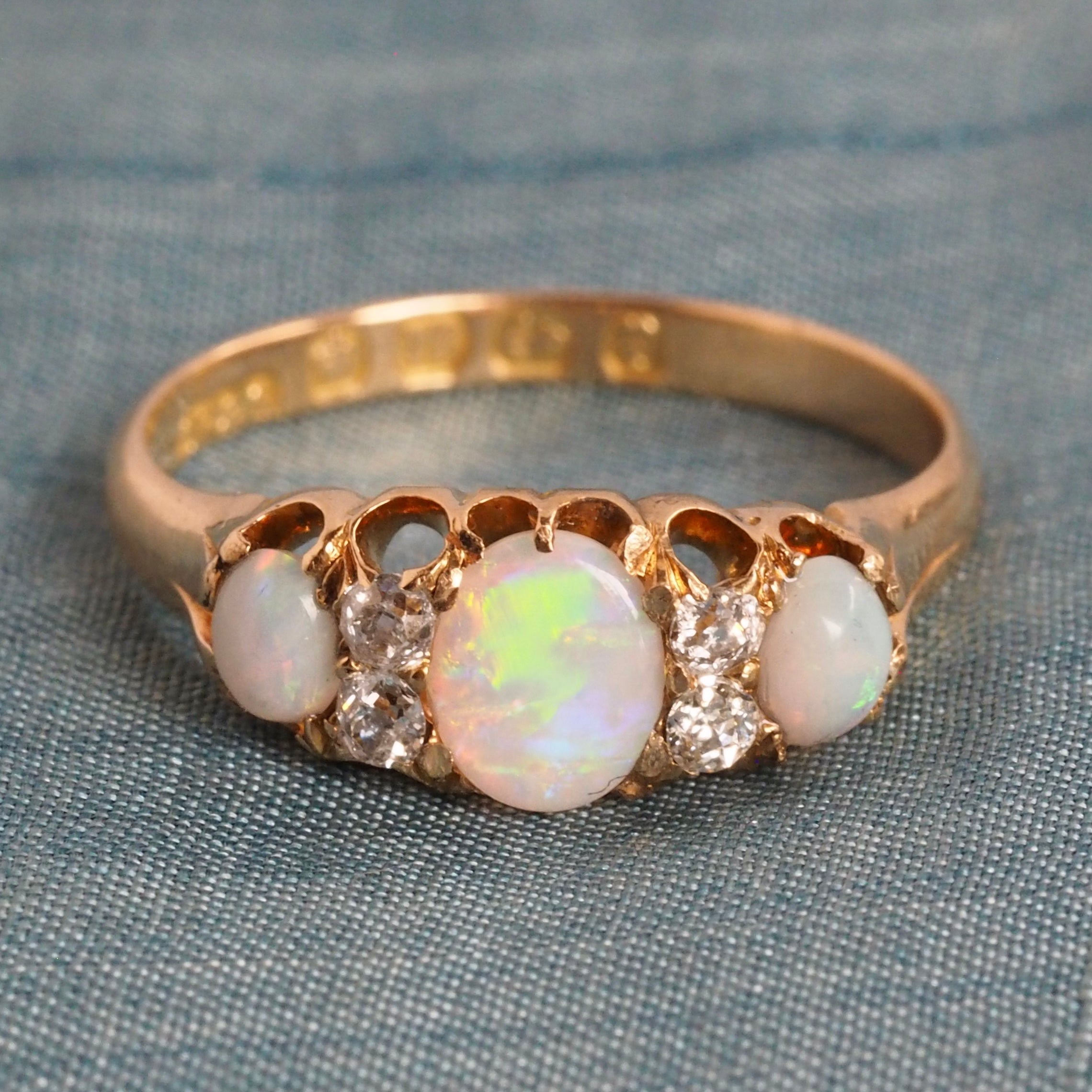 Antique Victorian c. 1890 18k Gold Opal and Old Mine Cut Diamond Ring