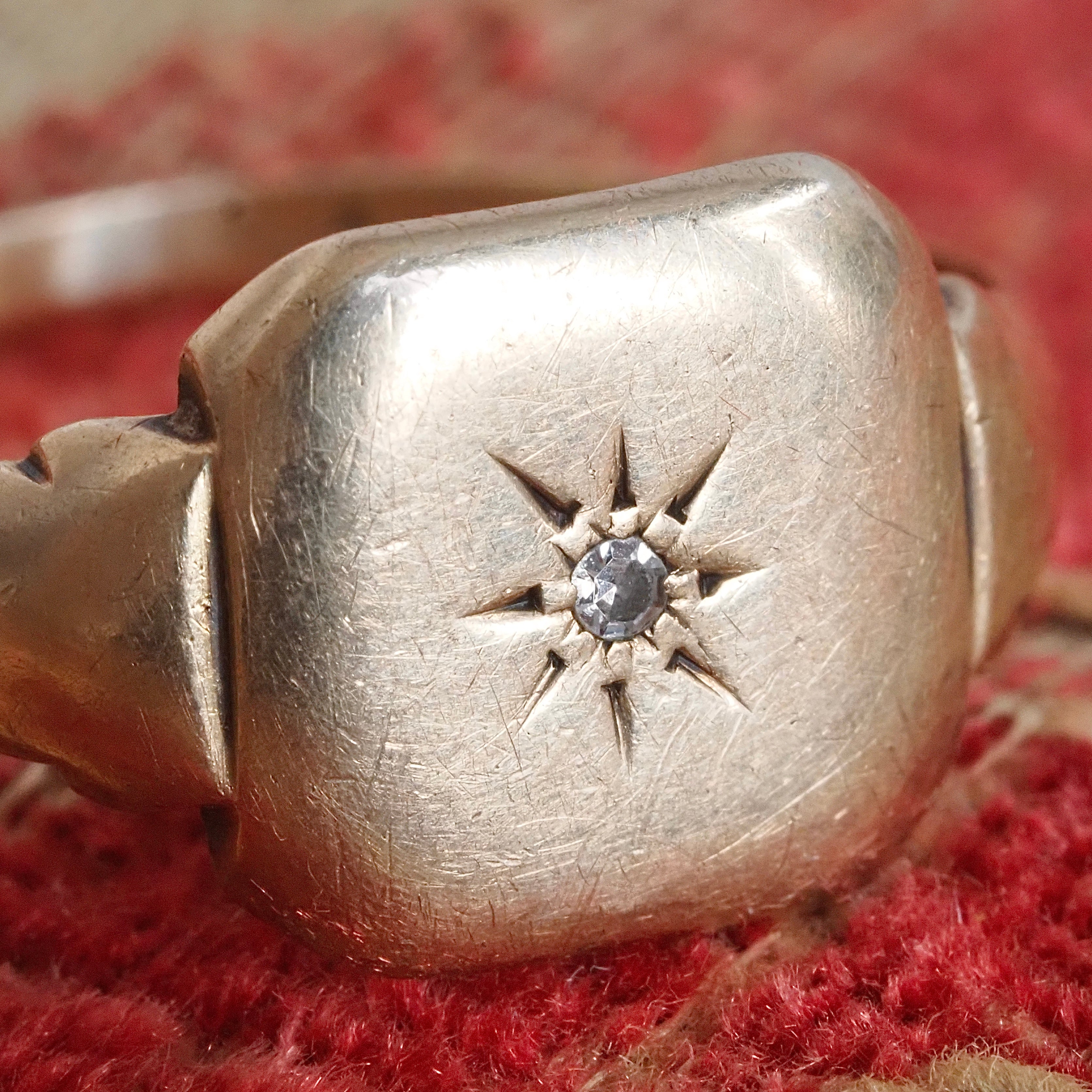 Vintage English Diamond Starburst 9k Gold Signet Ring