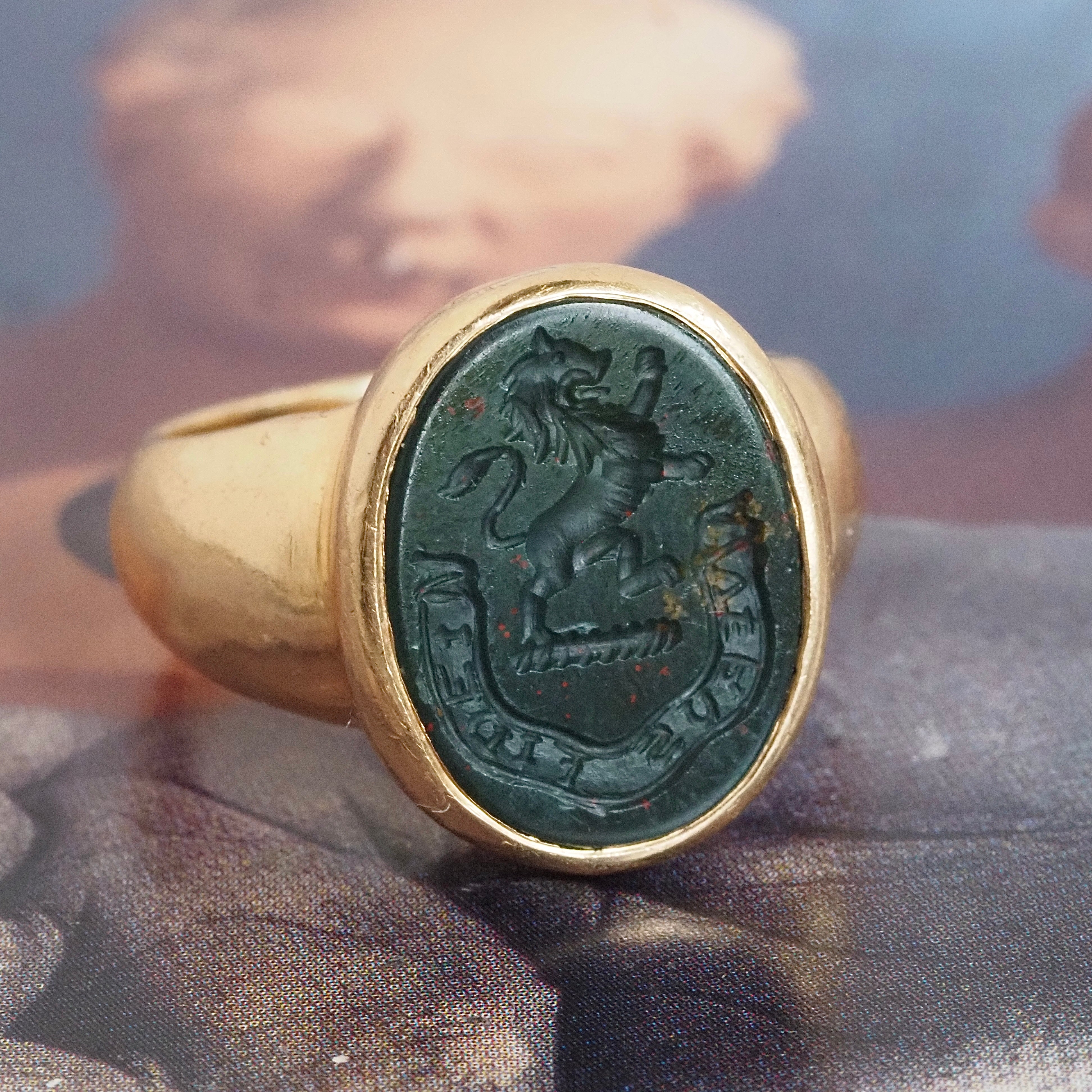 Antique Bloodstone Lion "Verus Fidelis" Intaglio 14k Gold Signet Ring