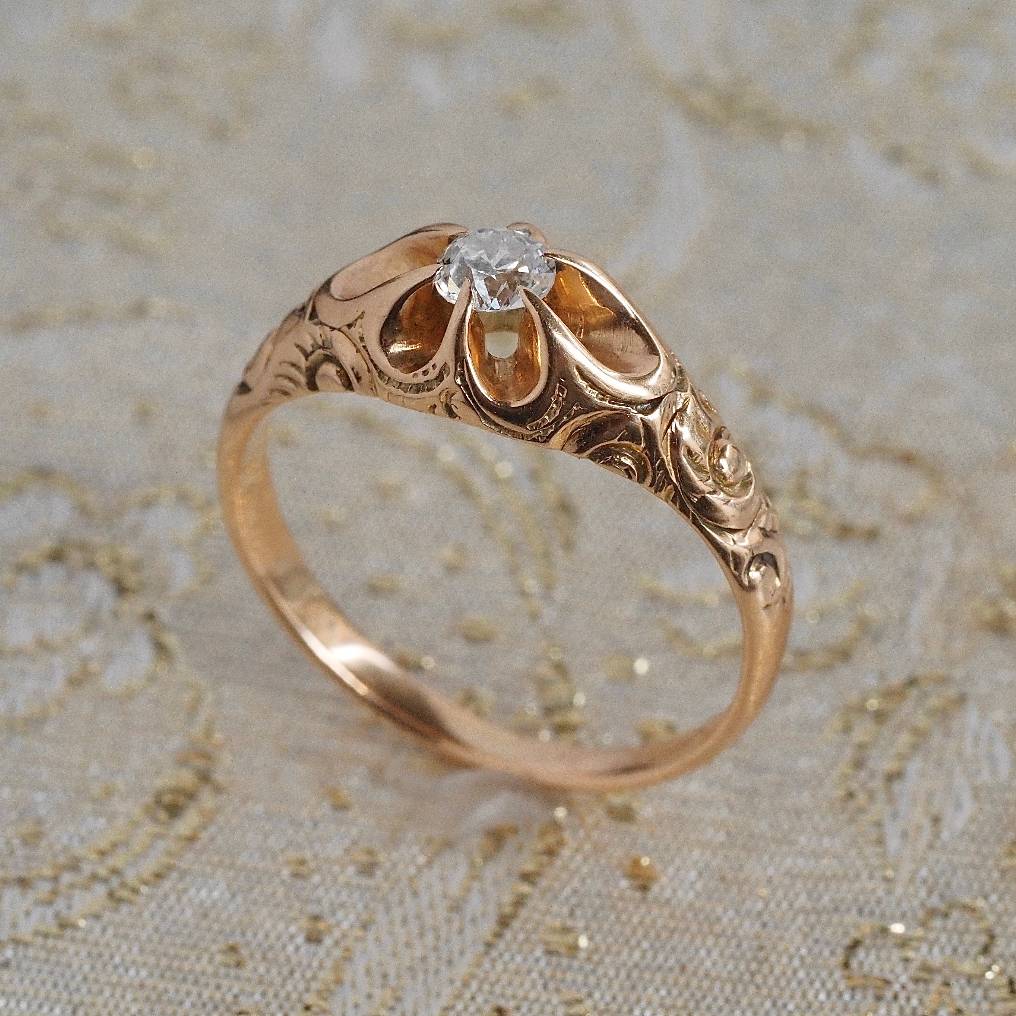 Antique Old European Cut Diamond 14k Gold Engraved Belcher Set Engagement Ring
