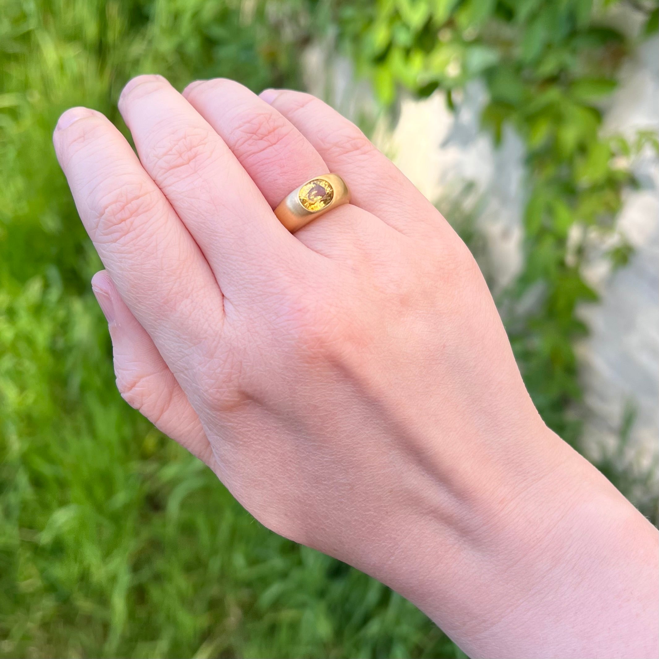 Natural Yellow Zircon Flush Set Brushed 18k Gold Dome Ring