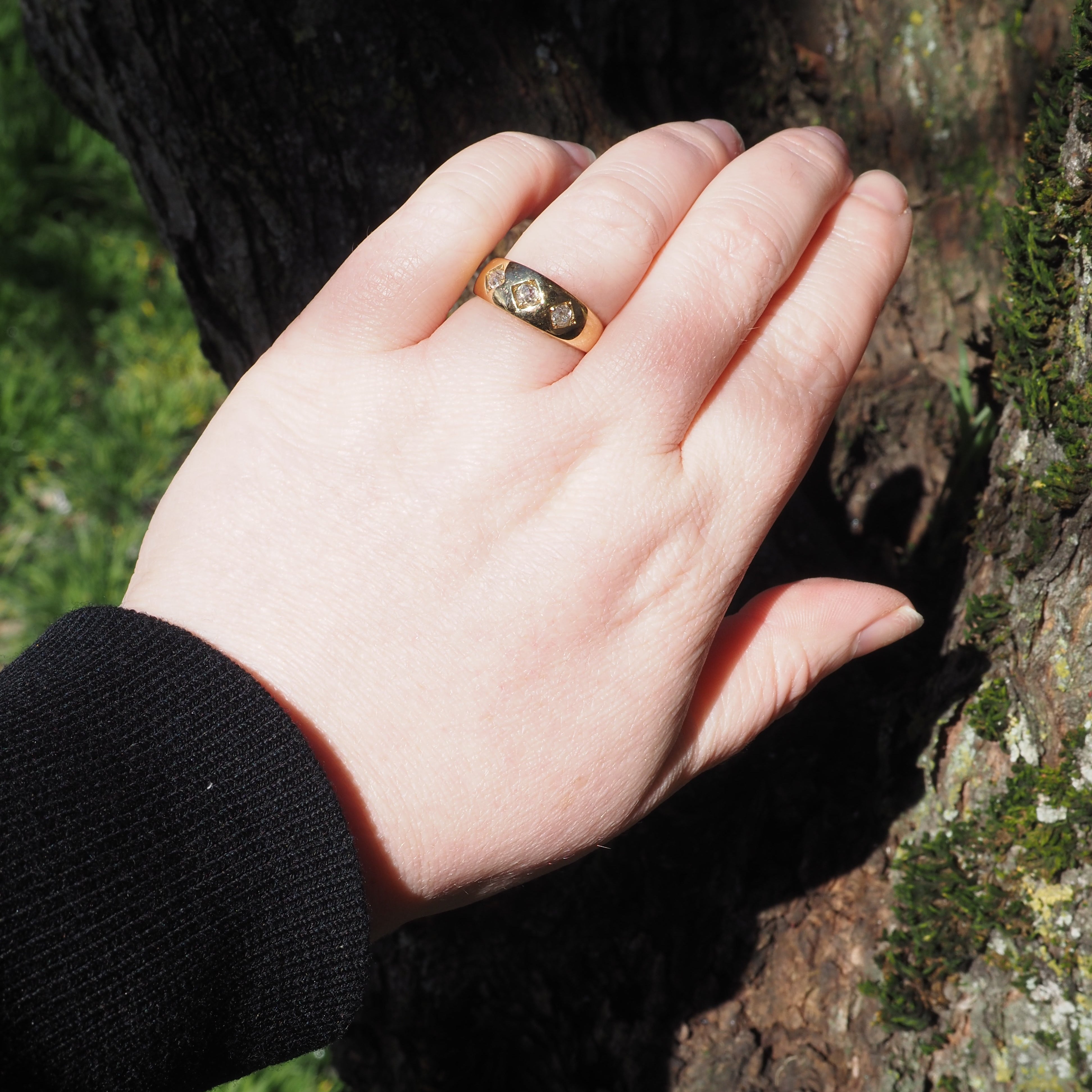 Antique c. 1888 English Flush Set Old Mine Cut Diamond Trilogy 18k Gold Ring