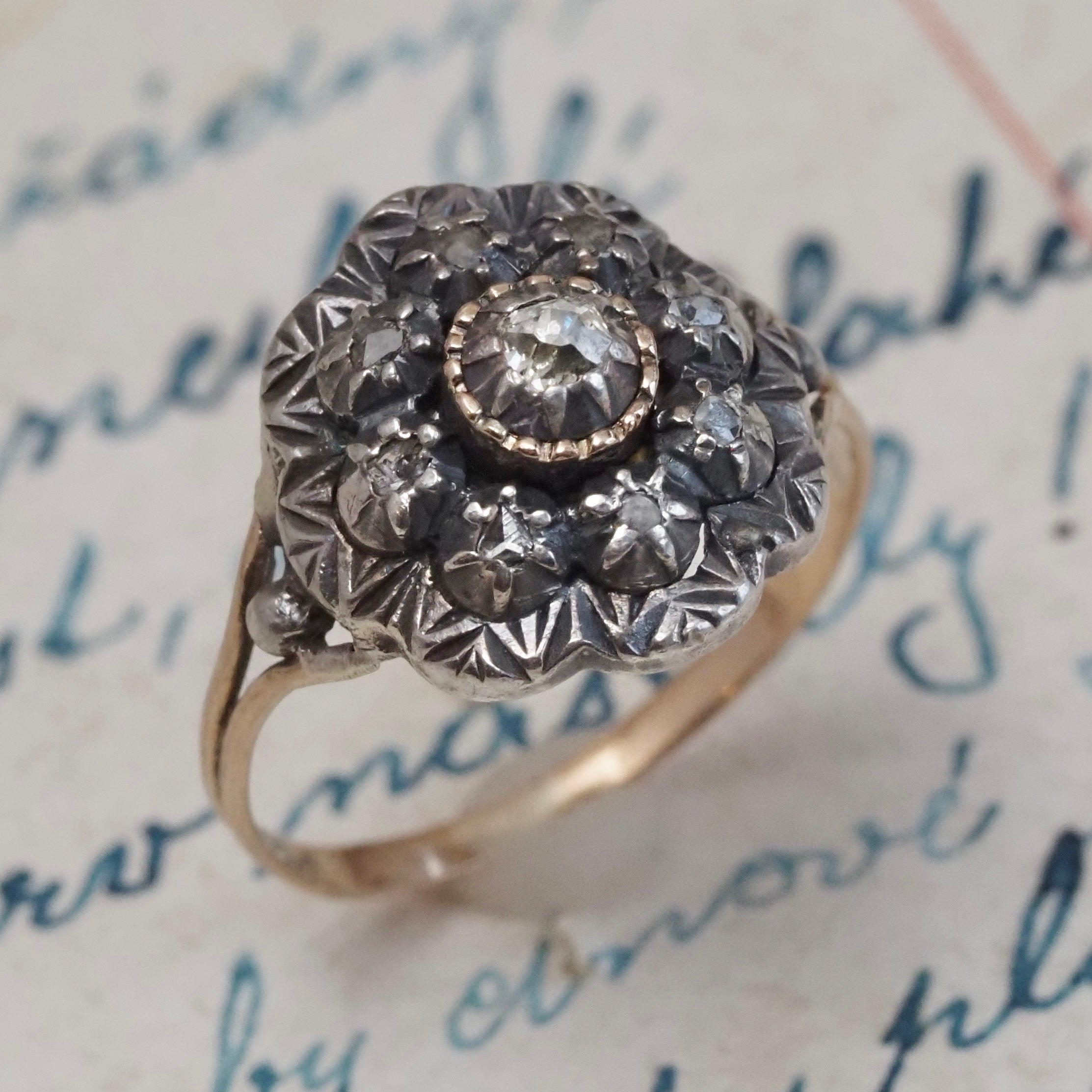 Antique Portuguese Rose Cut Diamond Cluster 19k Gold & Silver Ring